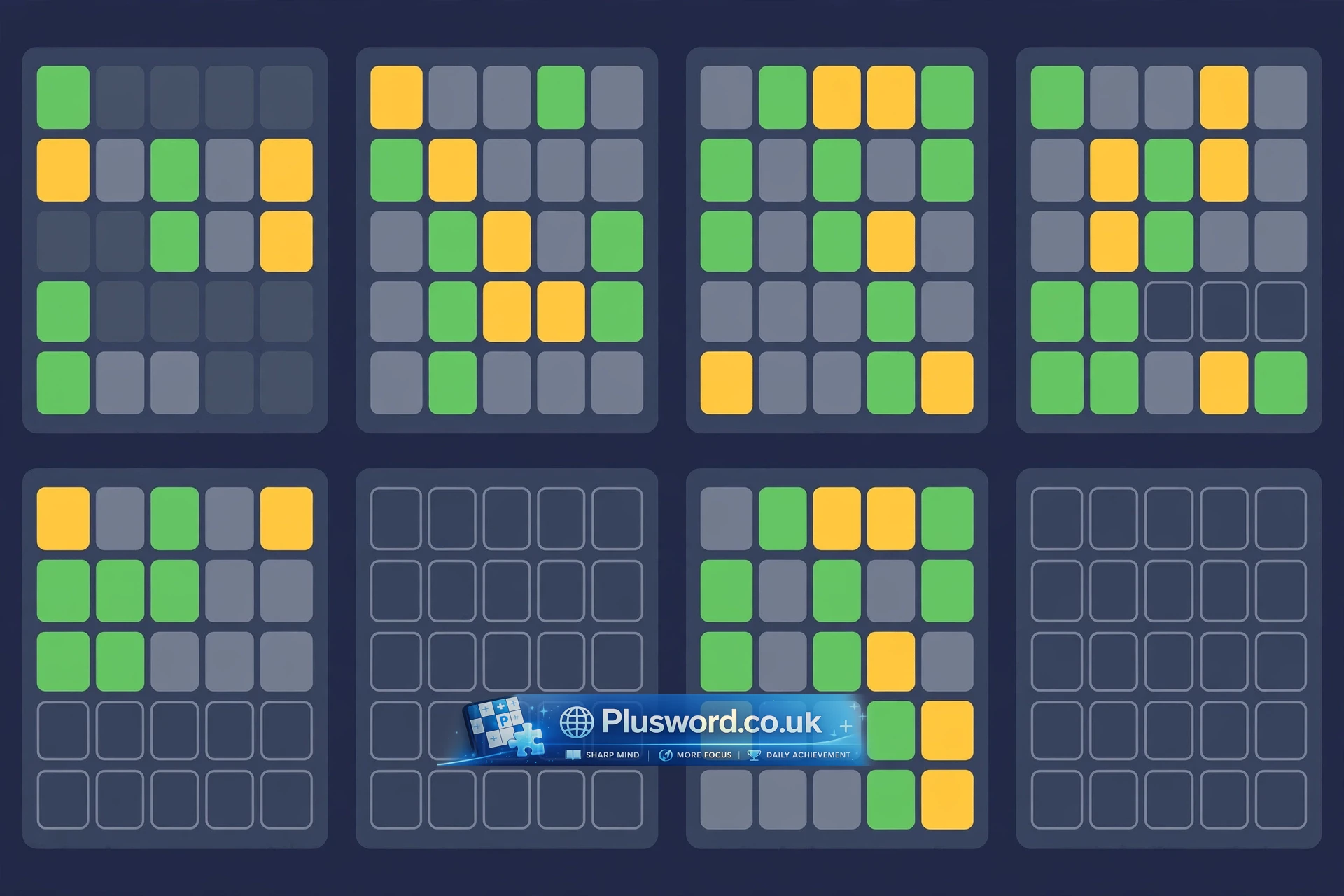 Four Quordle word grids showing green, yellow and grey tile feedback