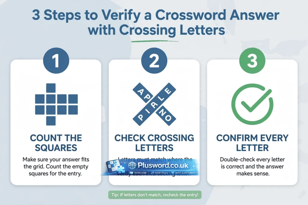 Three steps to verify a crossword answer: count the squares, check crossing letters, confirm every letter