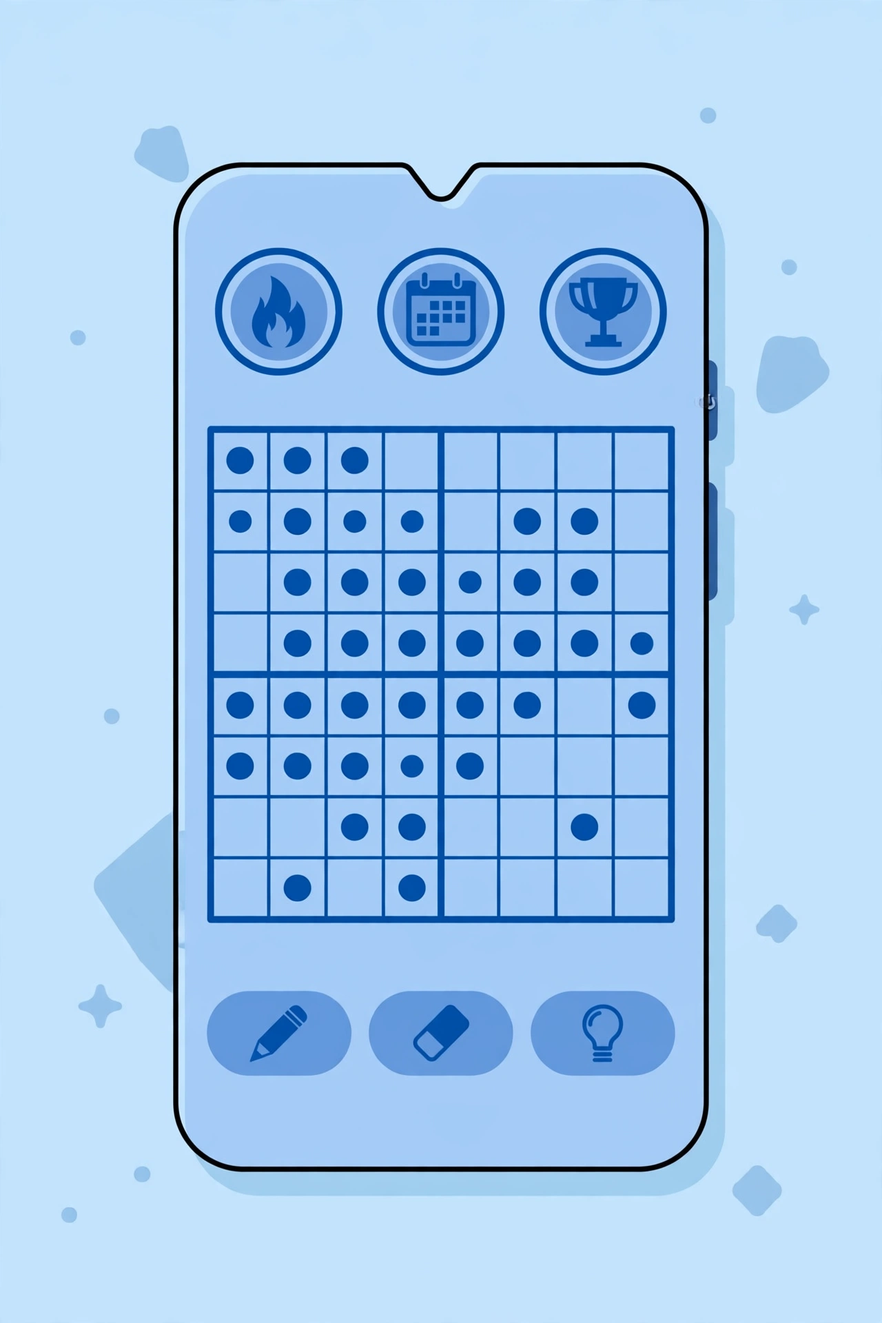 A smartphone showing a clean blue sudoku game interface with daily challenge badges, flat vector illustration with no text