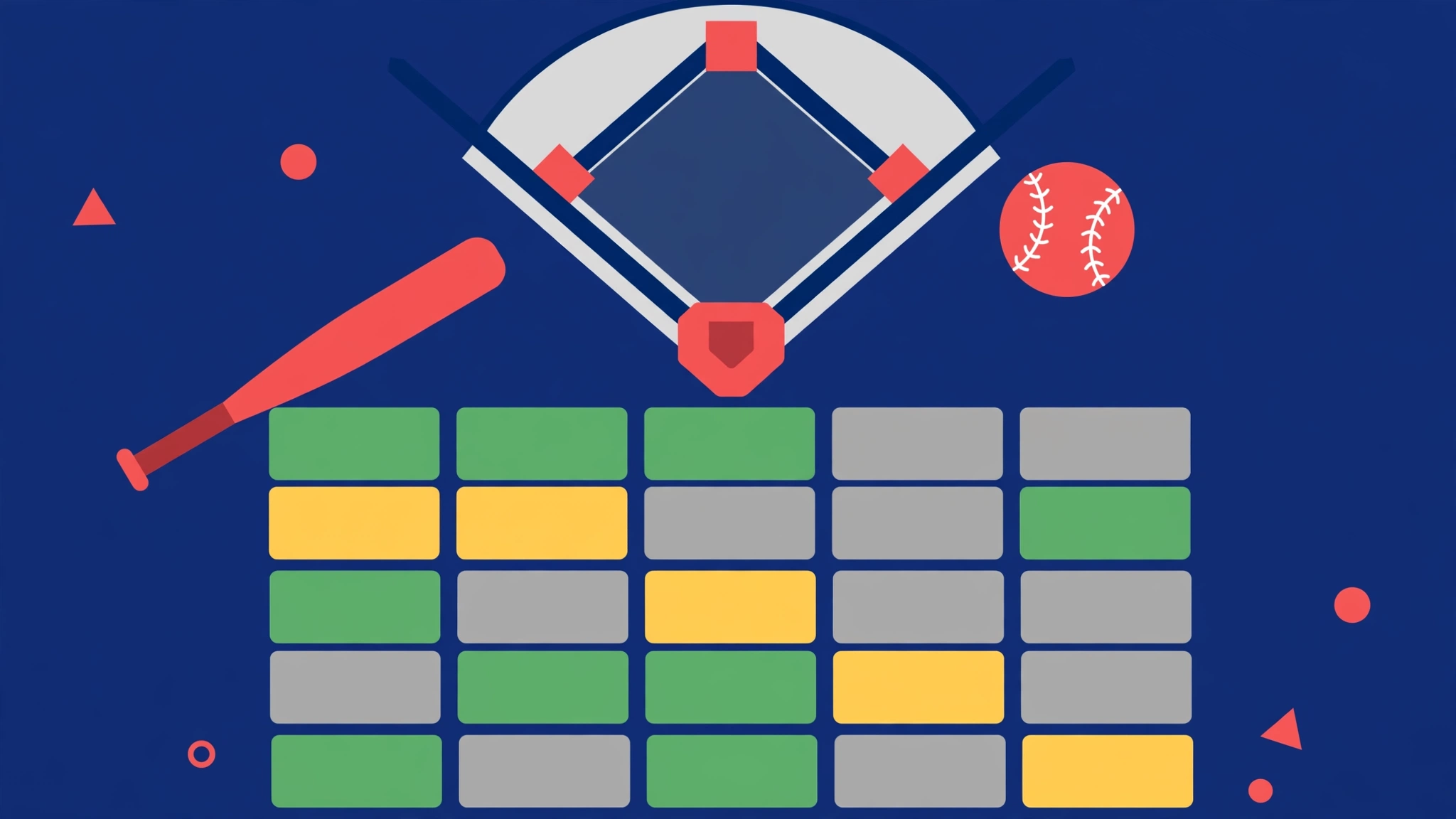 Flat-style illustration of a baseball-themed word guessing game with letter tiles, a baseball and a diamond