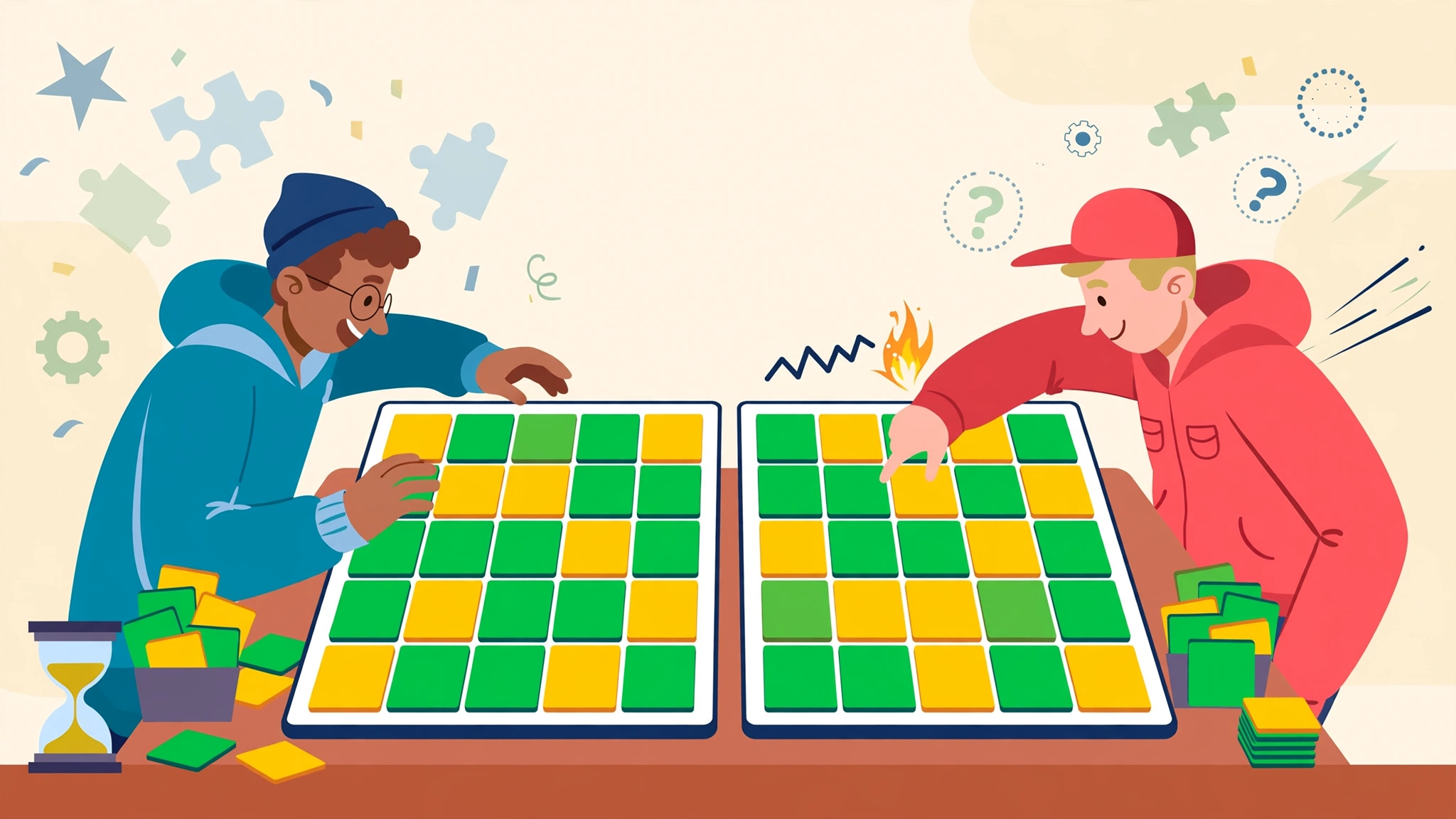 A flat-design illustration of two players racing to solve a Wordle grid on separate game boards