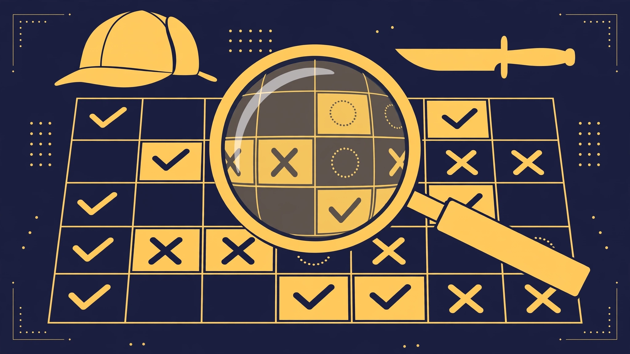 Murdle Unlimited detective logic puzzle concept with magnifying glass and clue grid