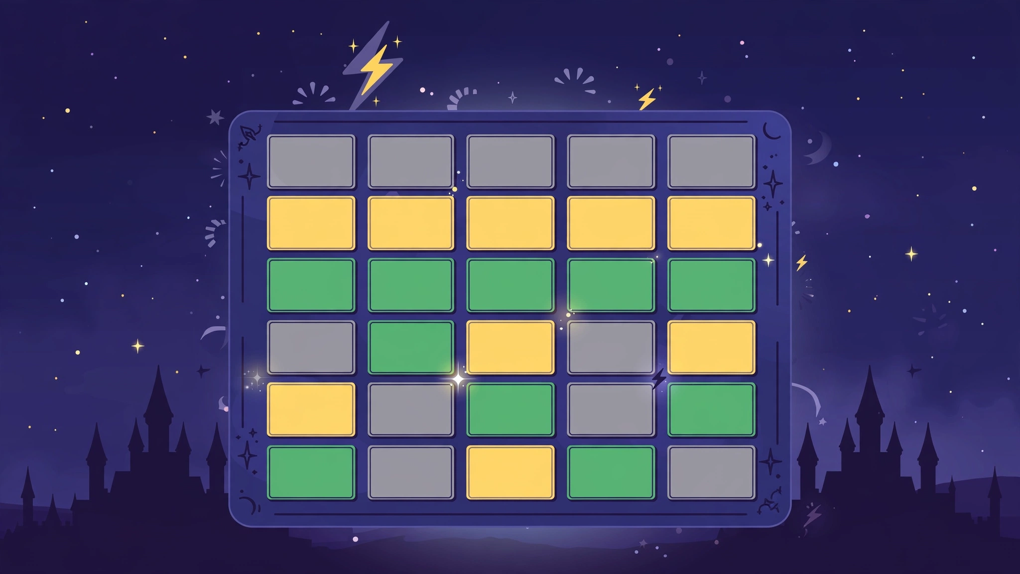 Flat illustration of a Harry Potter themed Wordle game board with house color tiles and character clue columns