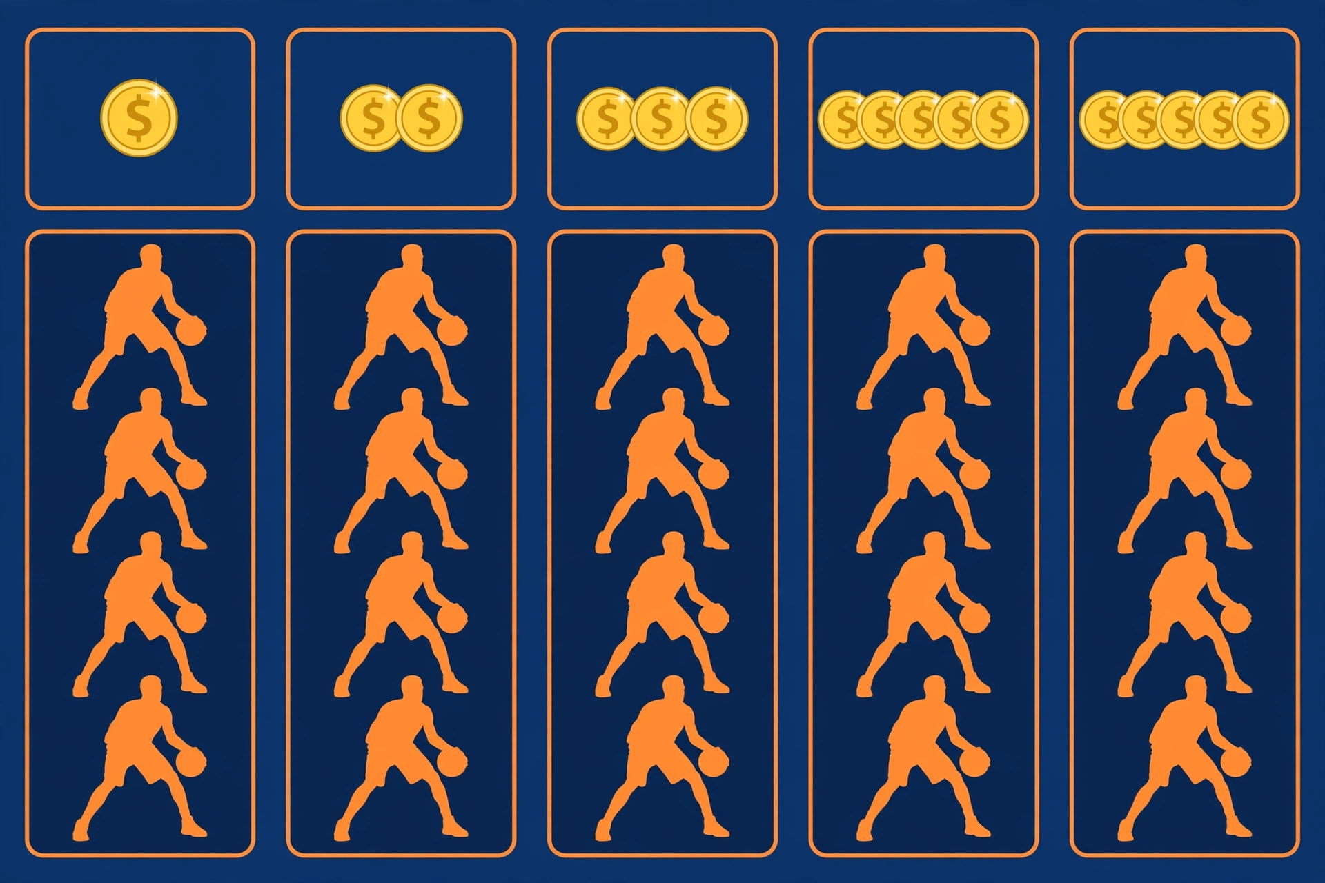 Flat illustration of a basketball price grid with five player silhouette columns and dollar values, no text