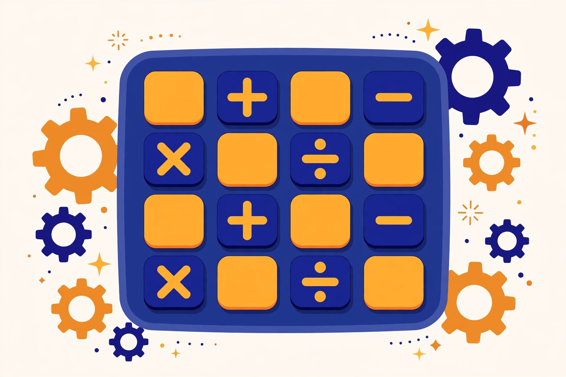 Flat illustration of a math number puzzle game with colorful number tiles and arithmetic operator symbols in blue and orange, no text