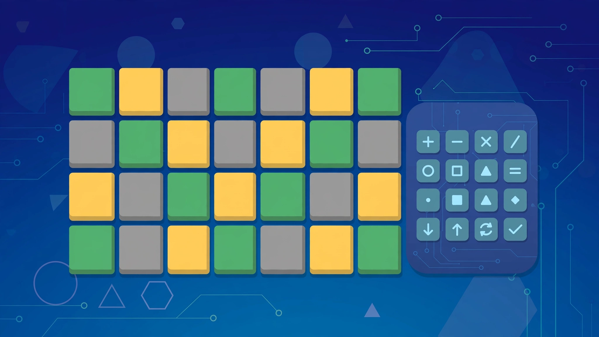 Flat illustration of a Numble number puzzle board with green yellow and grey number tiles