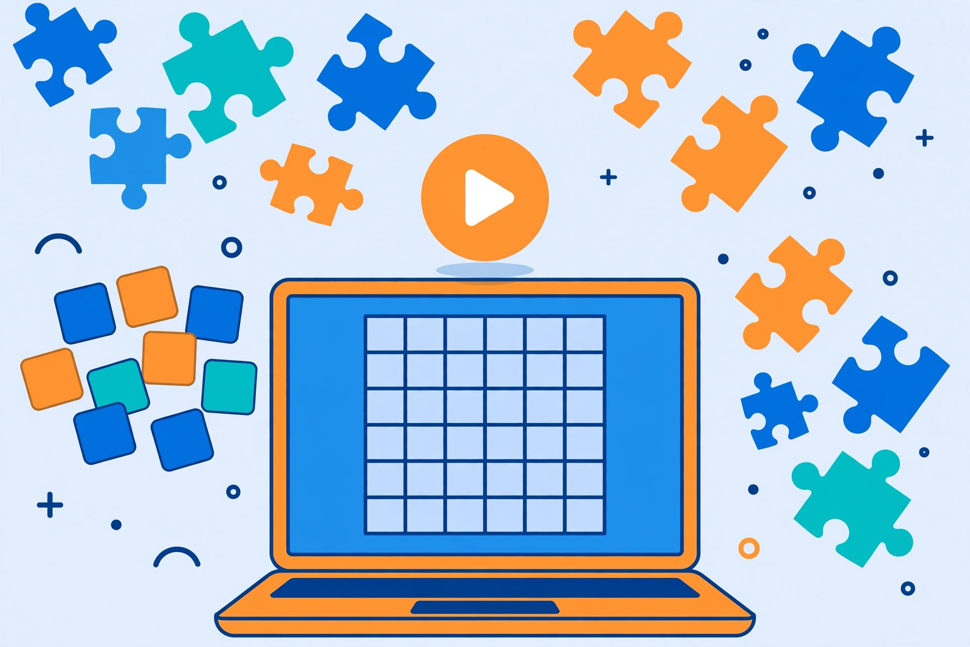 Flat illustration of colourful puzzle game icons floating above a laptop screen