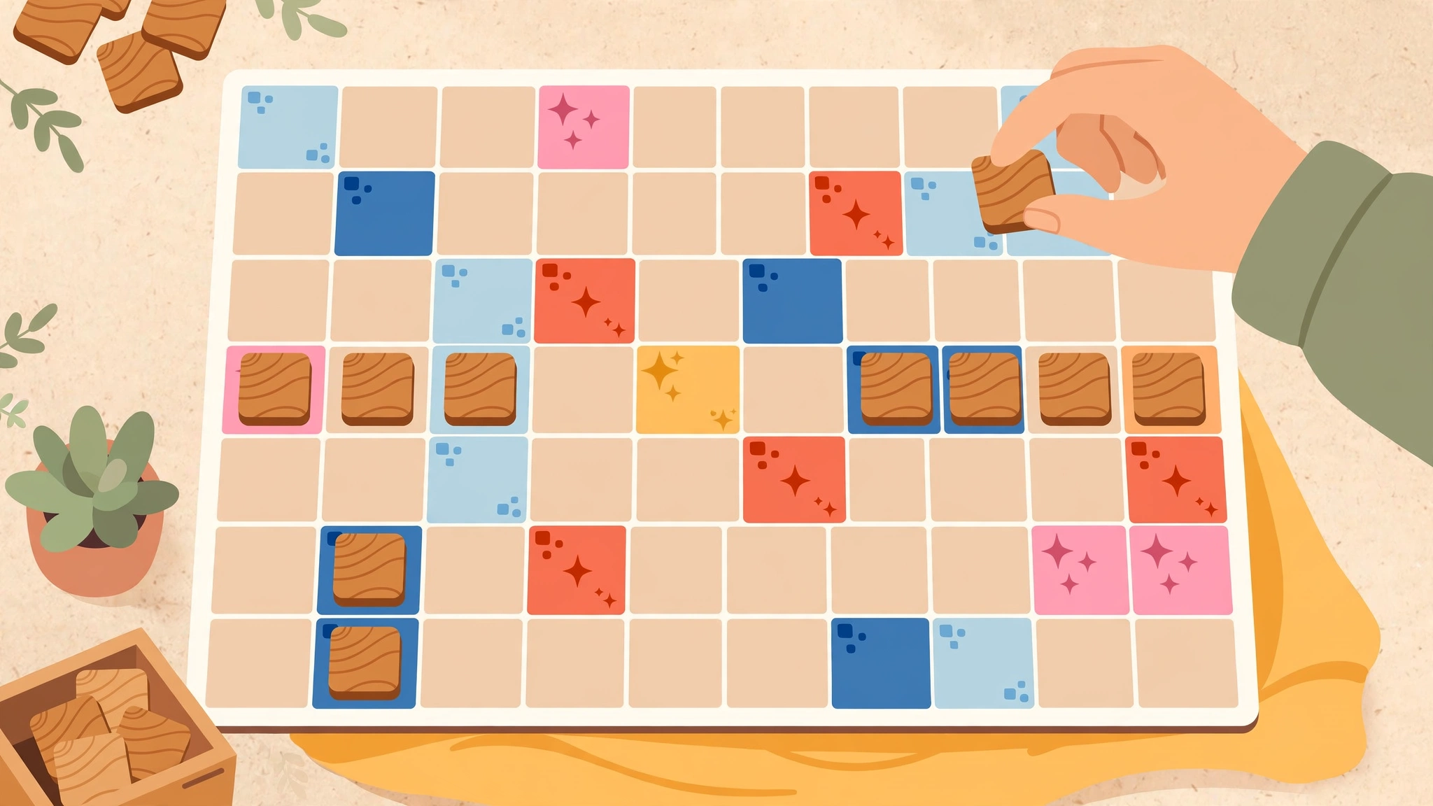 Scrabble-style Outspell game board with letter tiles placed on bonus squares