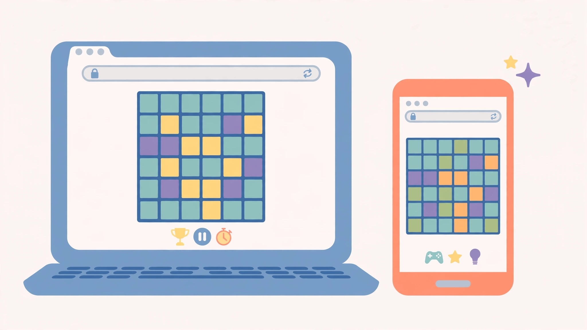 Smartphone and laptop showing a Wordle online game grid in a web browser