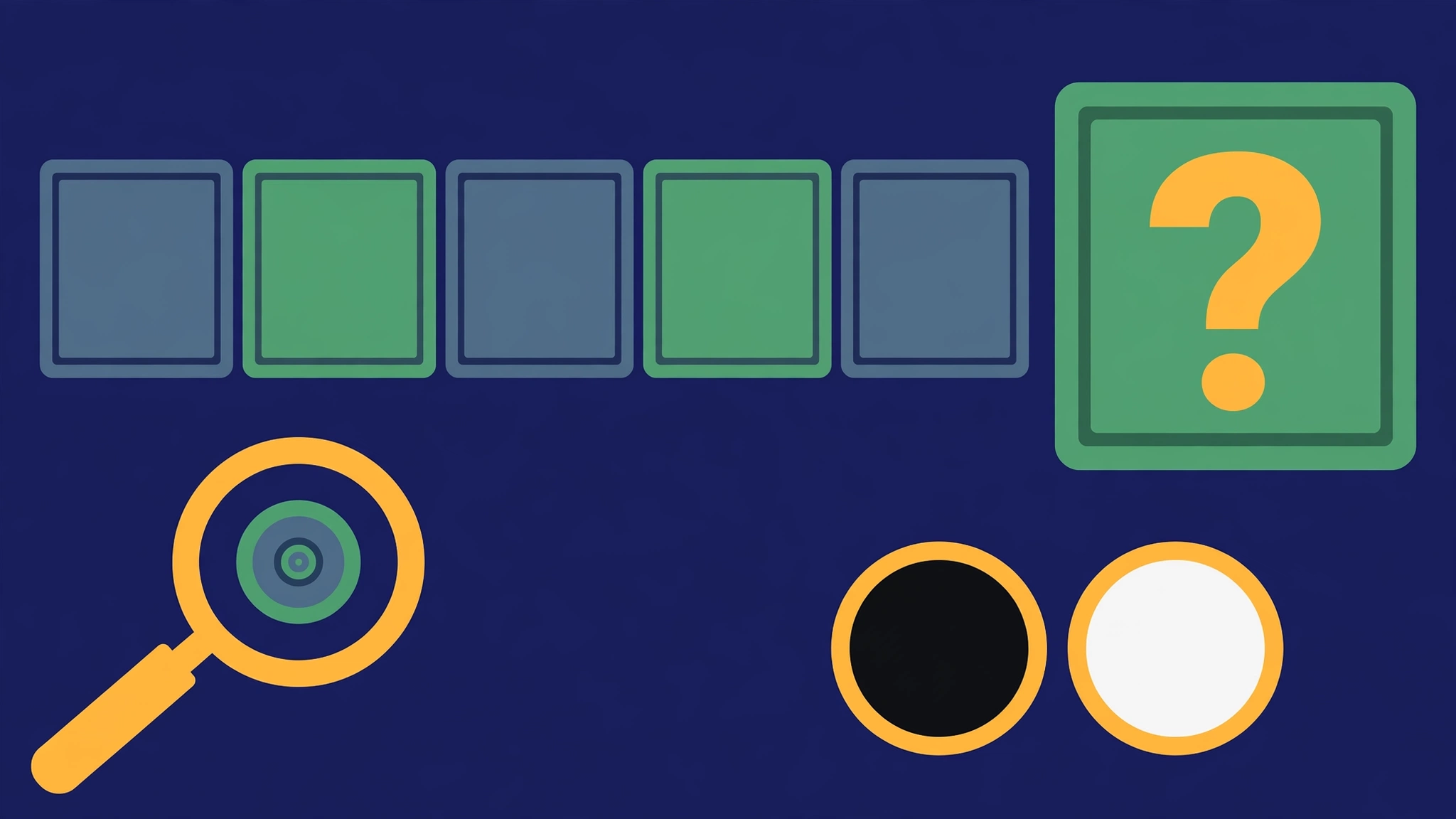 Flat illustration of a five-letter word grid with numbered feedback clues and a question-mark tile
