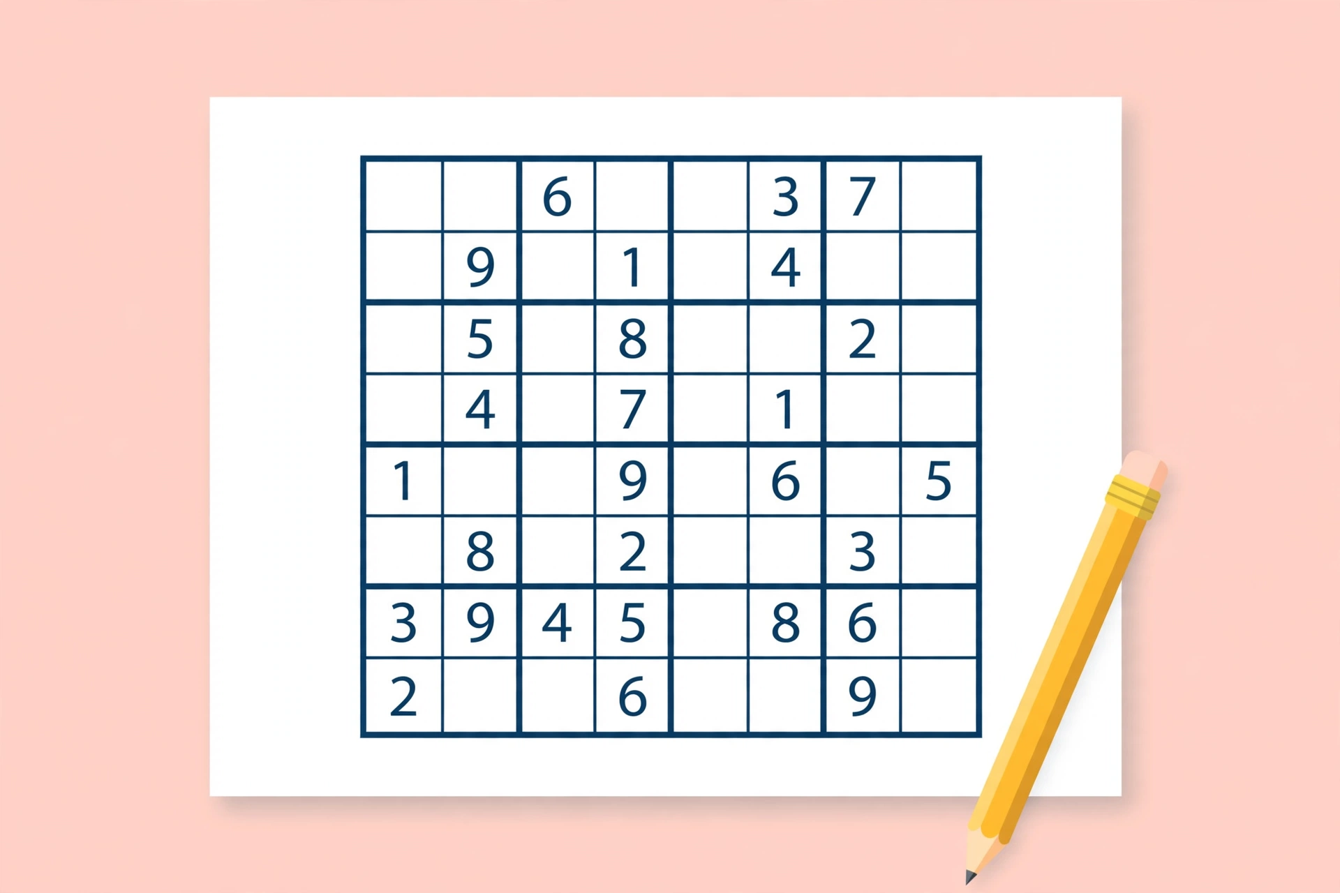 Printable sudoku puzzle on paper with pencil illustration