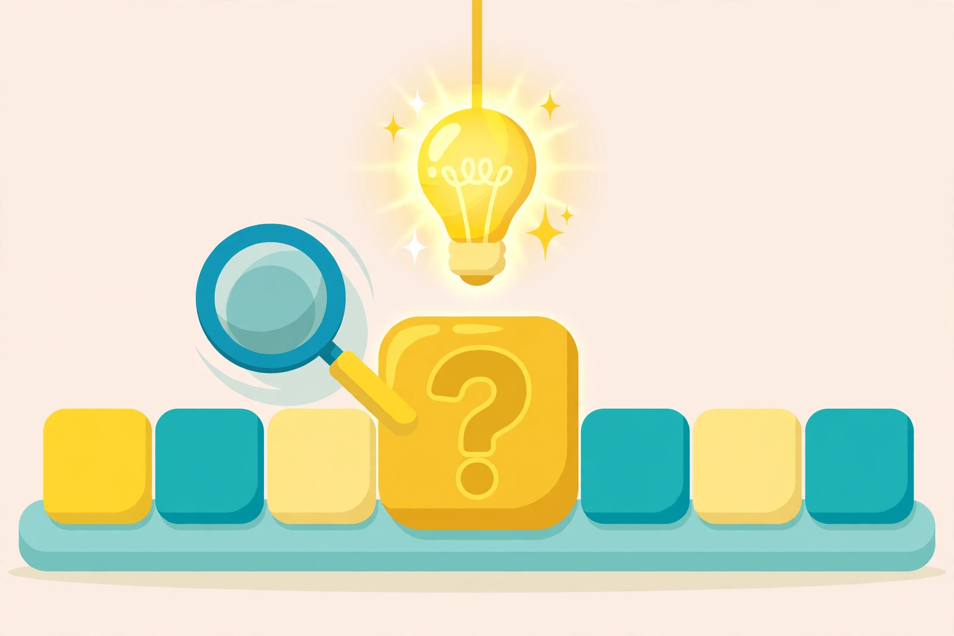 Playful flat illustration of a pun word puzzle game board with a glowing question mark tile, a magnifying glass and a lightbulb, no text
