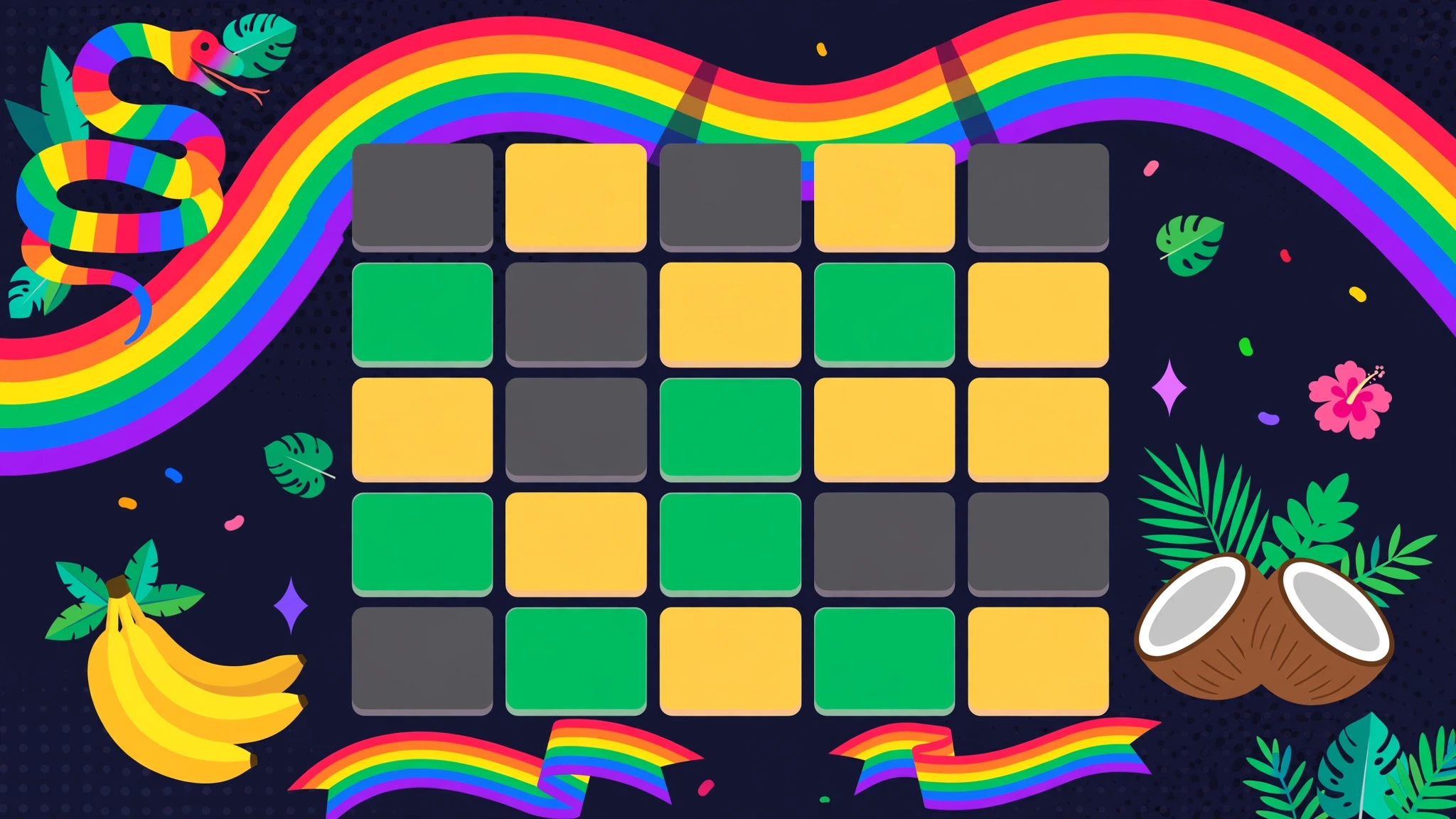 Colourful rainbow word-guessing game tile grid inspired by the LGBTQ+ Queerdle game