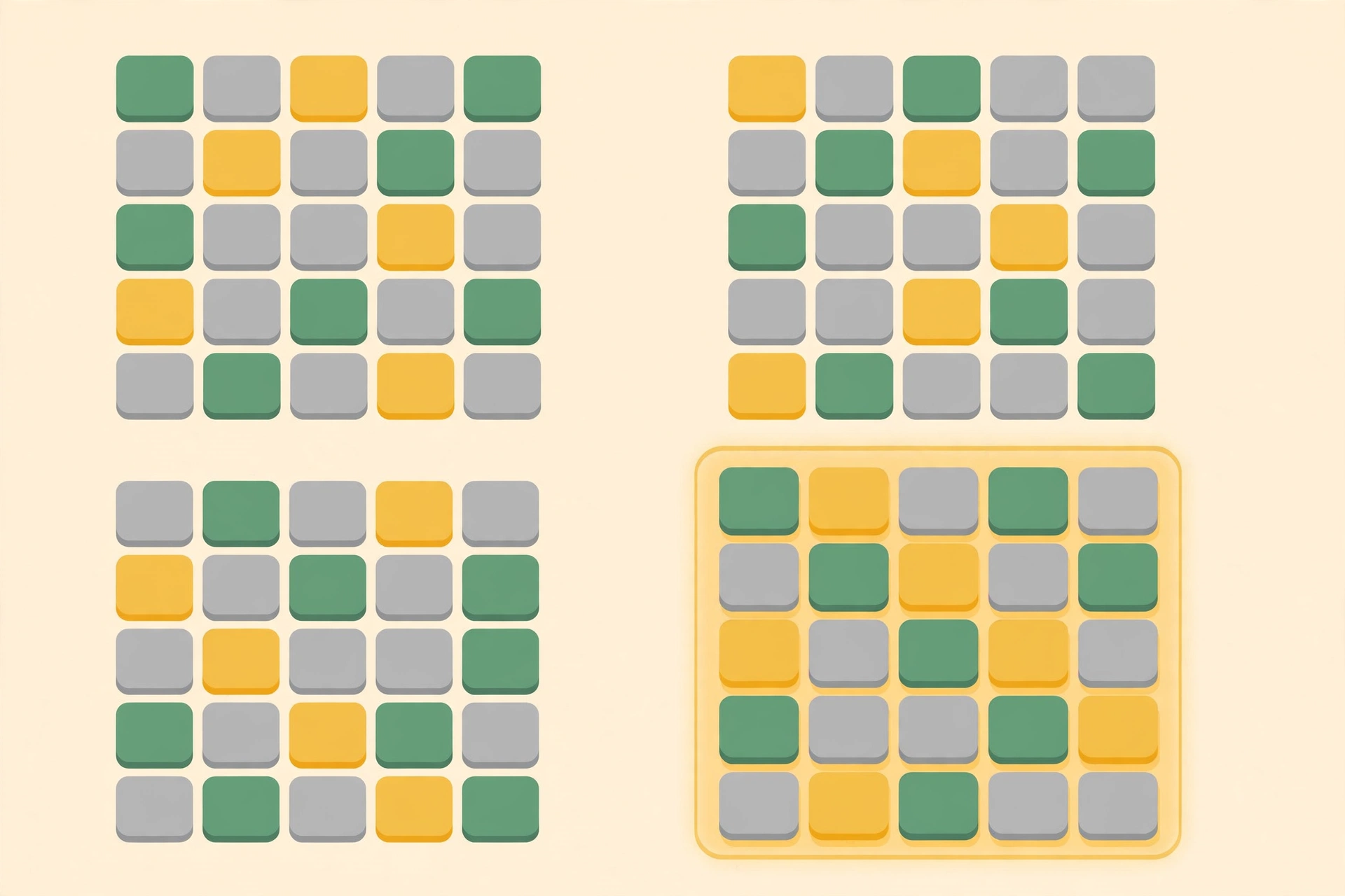 Four empty Wordle-style letter grids with green, yellow and grey tile feedback illustrating the Quordle Daily Sequence game