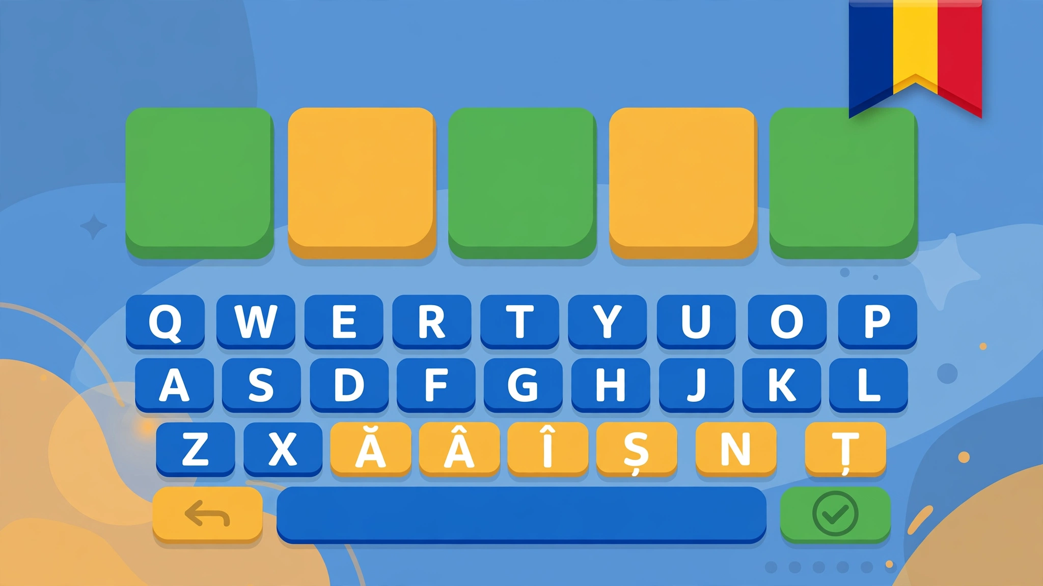 Romanian Wordle game illustration with green and yellow letter tiles and Romanian diacritics