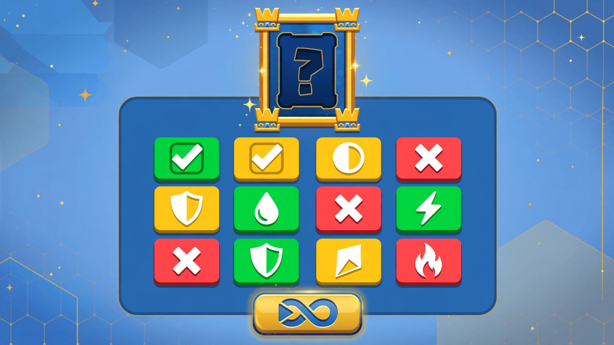 Flat illustration of a Clash Royale style card guessing game with an unlimited mode play button