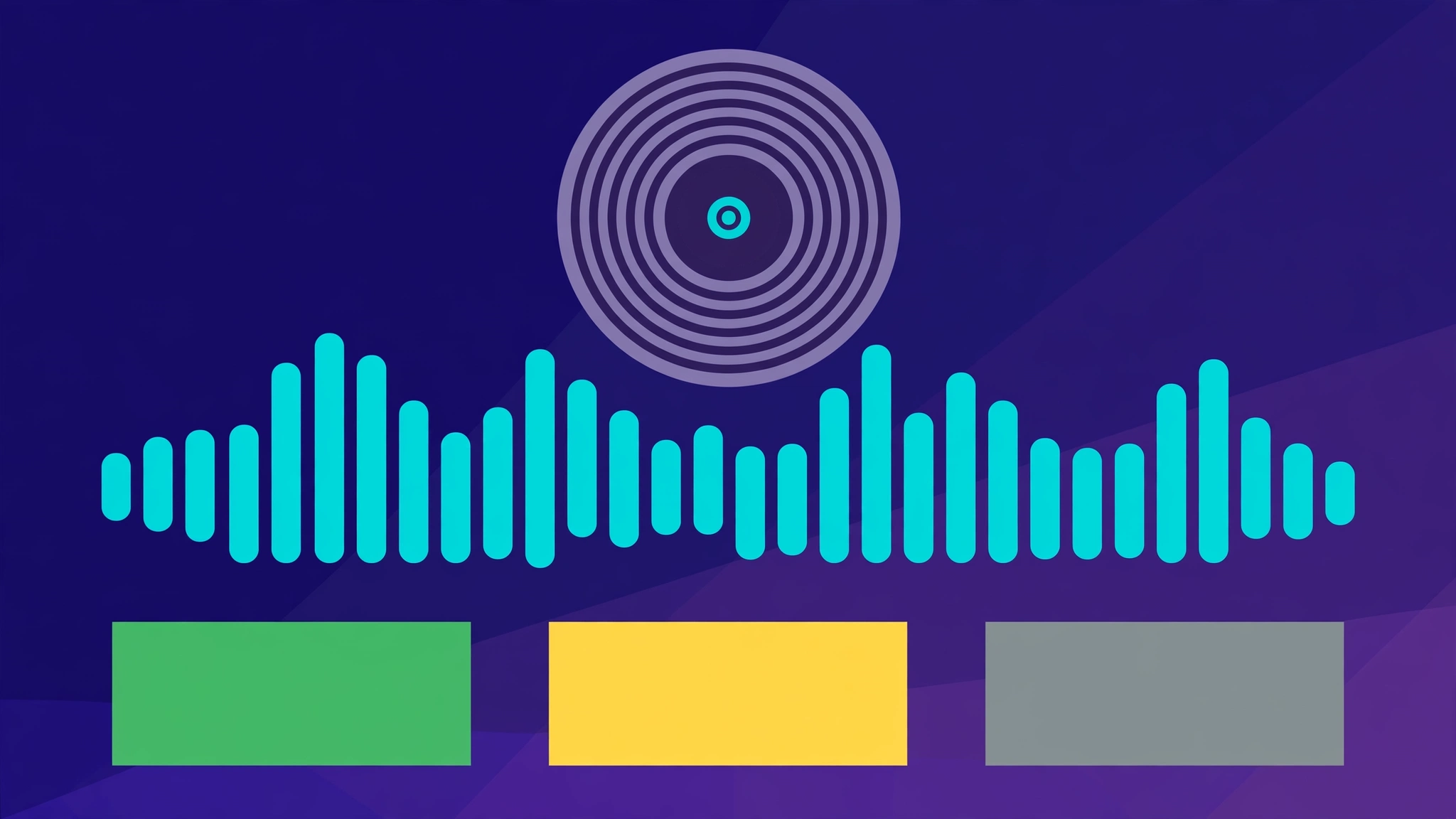 Abstract flat-design illustration of music notes and guessing game tiles representing the Rush Heardle song-guessing game