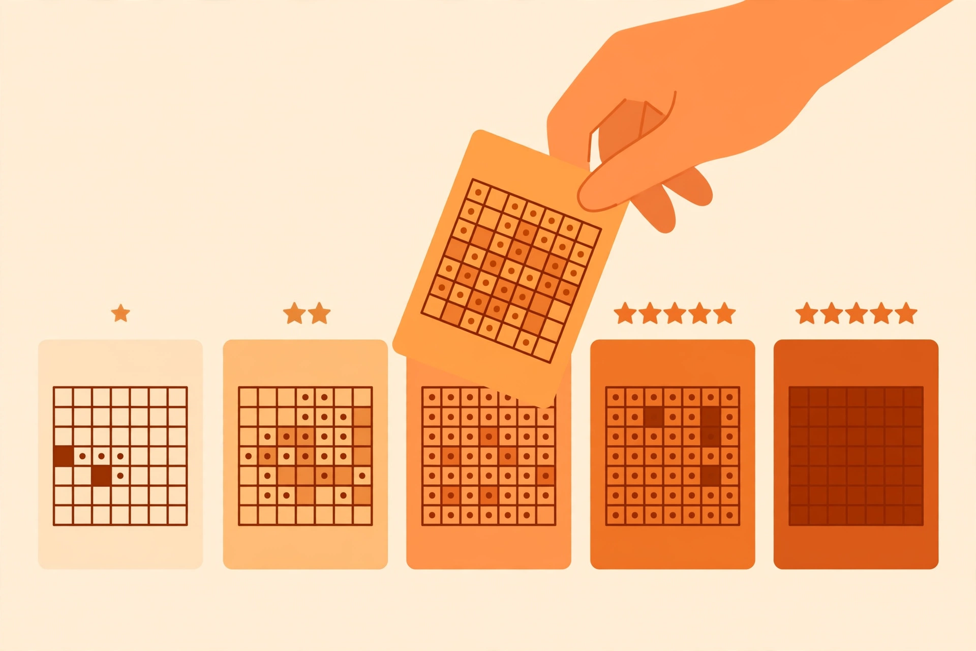 Flat illustration of hands selecting one sudoku grid from a row of puzzle cards
