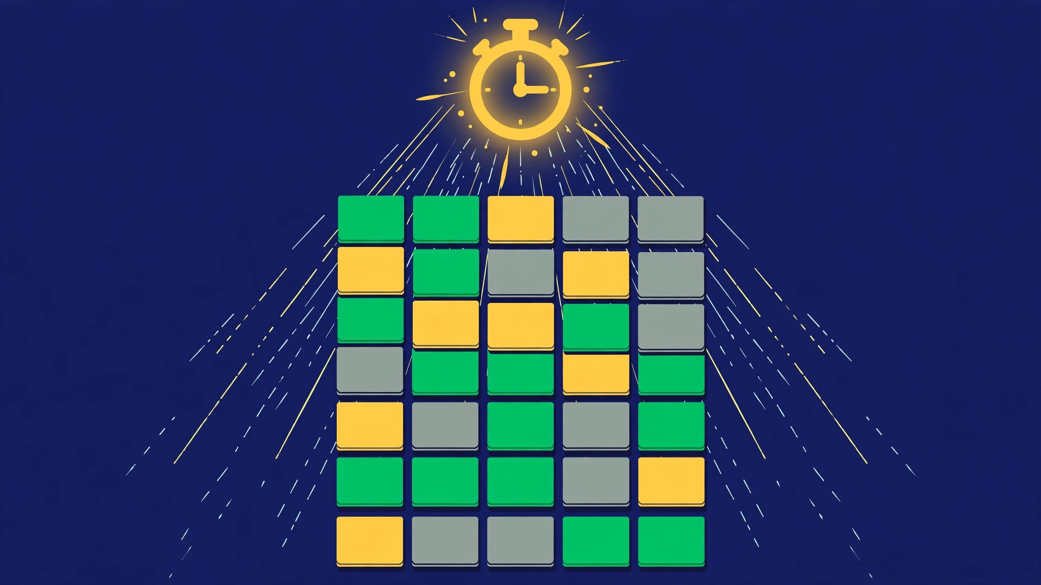 Flat illustration of seven stacked word-tile grids with a stopwatch timer icon above them