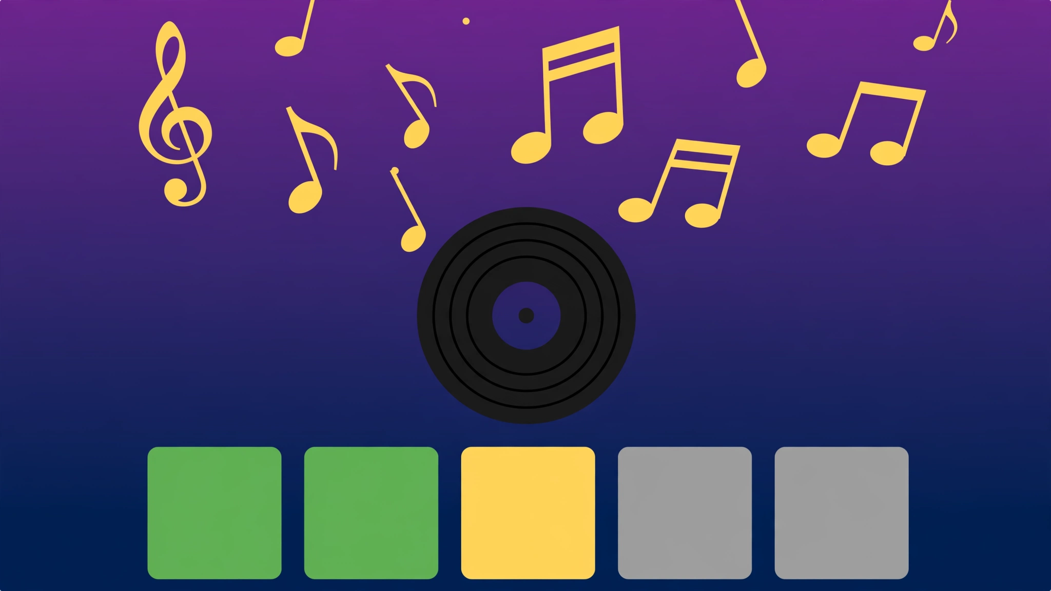 Flat illustration of music notes, a vinyl record and green-yellow-grey score tiles representing unlimited song-guessing games