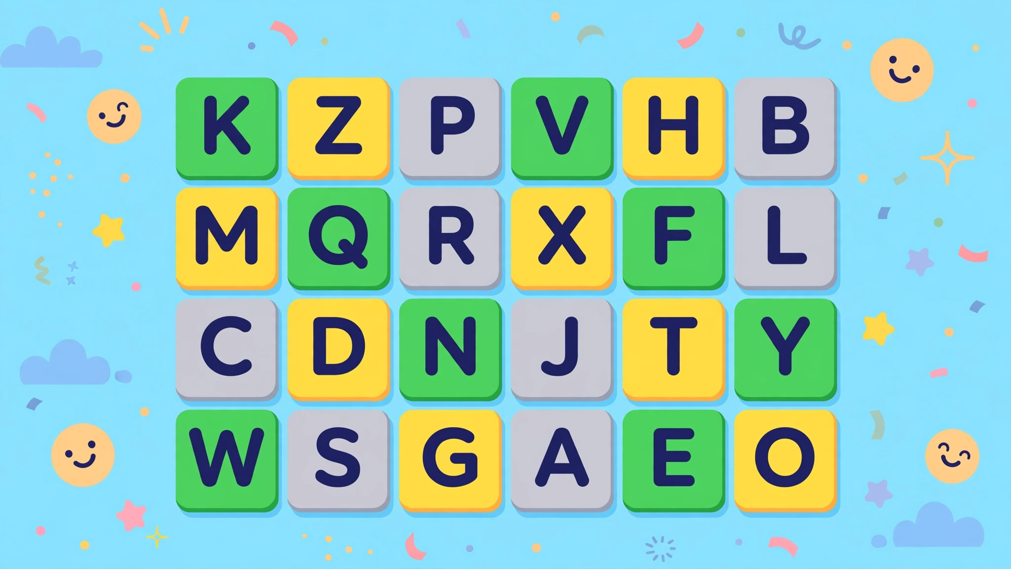 Colorful word puzzle tiles representing the Spellie kids spelling game