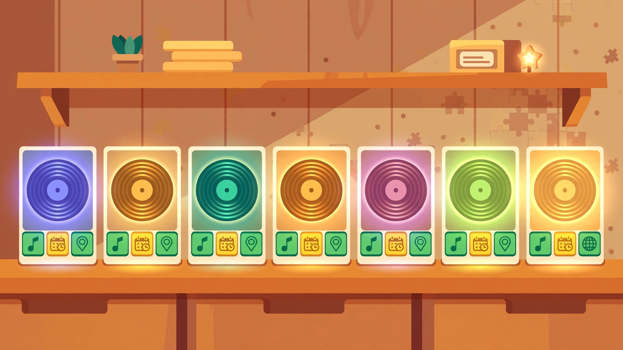 A flat-design illustration of a music archive showing artist cards from past daily puzzles
