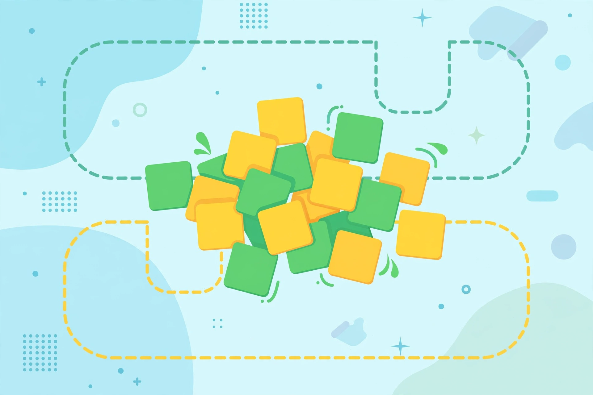 Flat-design illustration of the Squeezy word puzzle with letter tiles being inserted into words and a revealed theme
