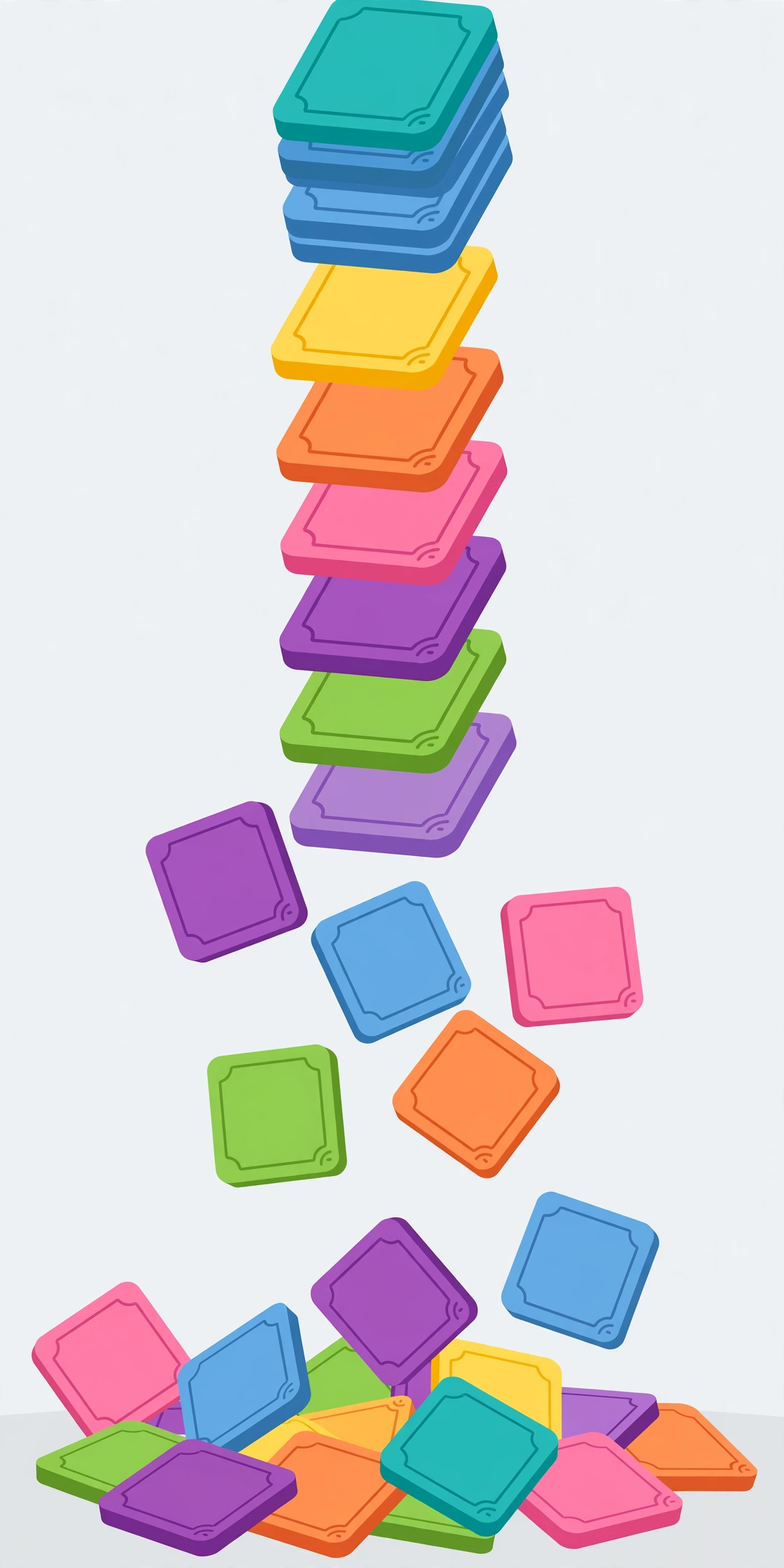 A vertical stack of colorful letter tiles collapsing downward, word puzzle game concept, flat design graphic with no text