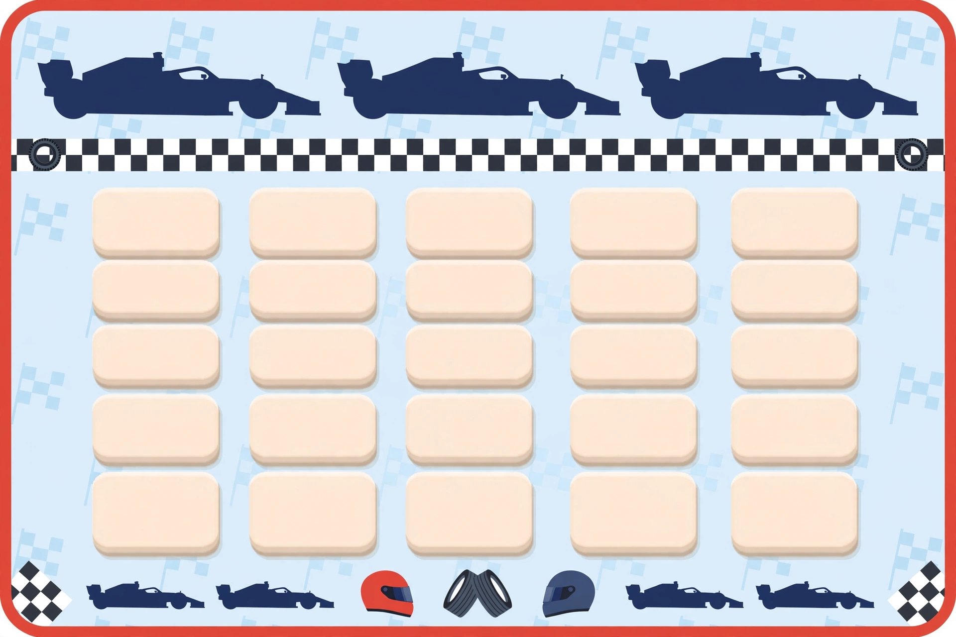 Formula 1 themed word puzzle game graphic with racing car silhouettes and letter tiles, flat design with no text