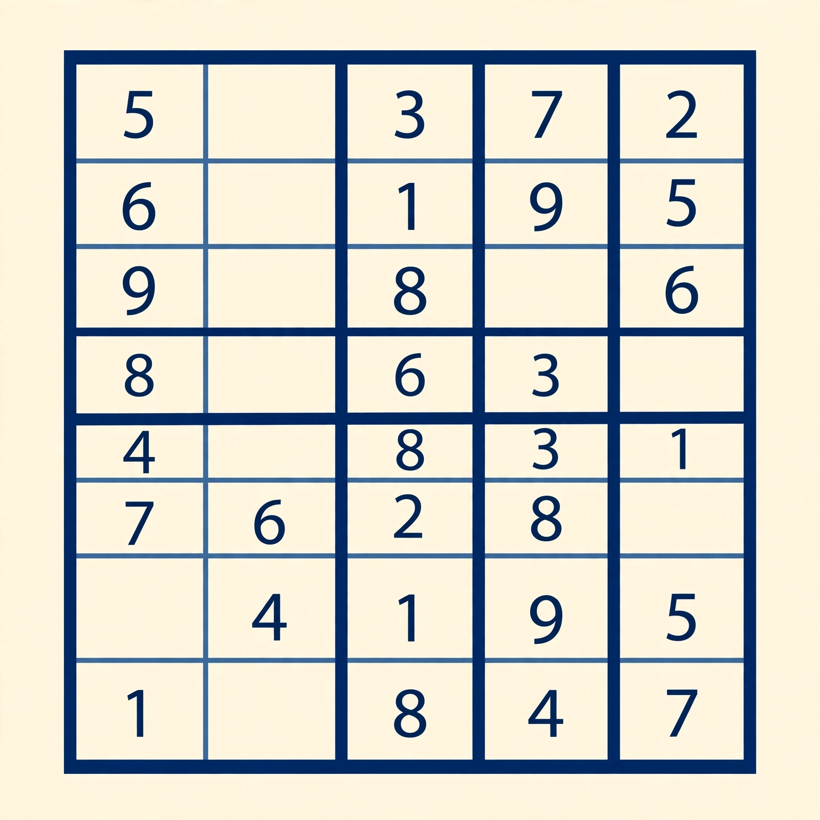 A classic 9x9 sudoku grid with bold 3x3 box outlines and some filled number cells, flat vector illustration with no text