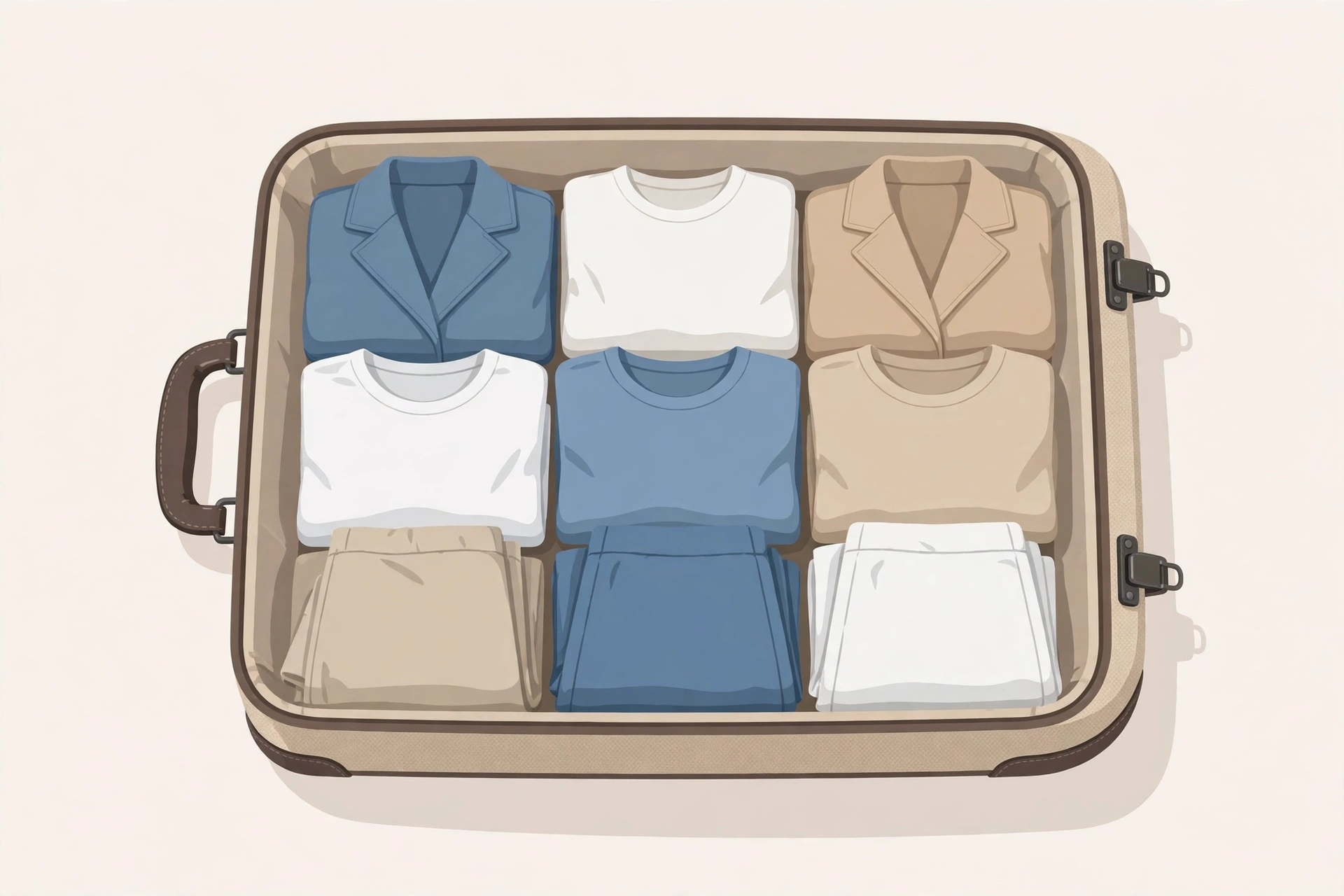 Flat illustration of a 3×3 clothing grid with tops, bottoms and layers demonstrating the sudoku packing method