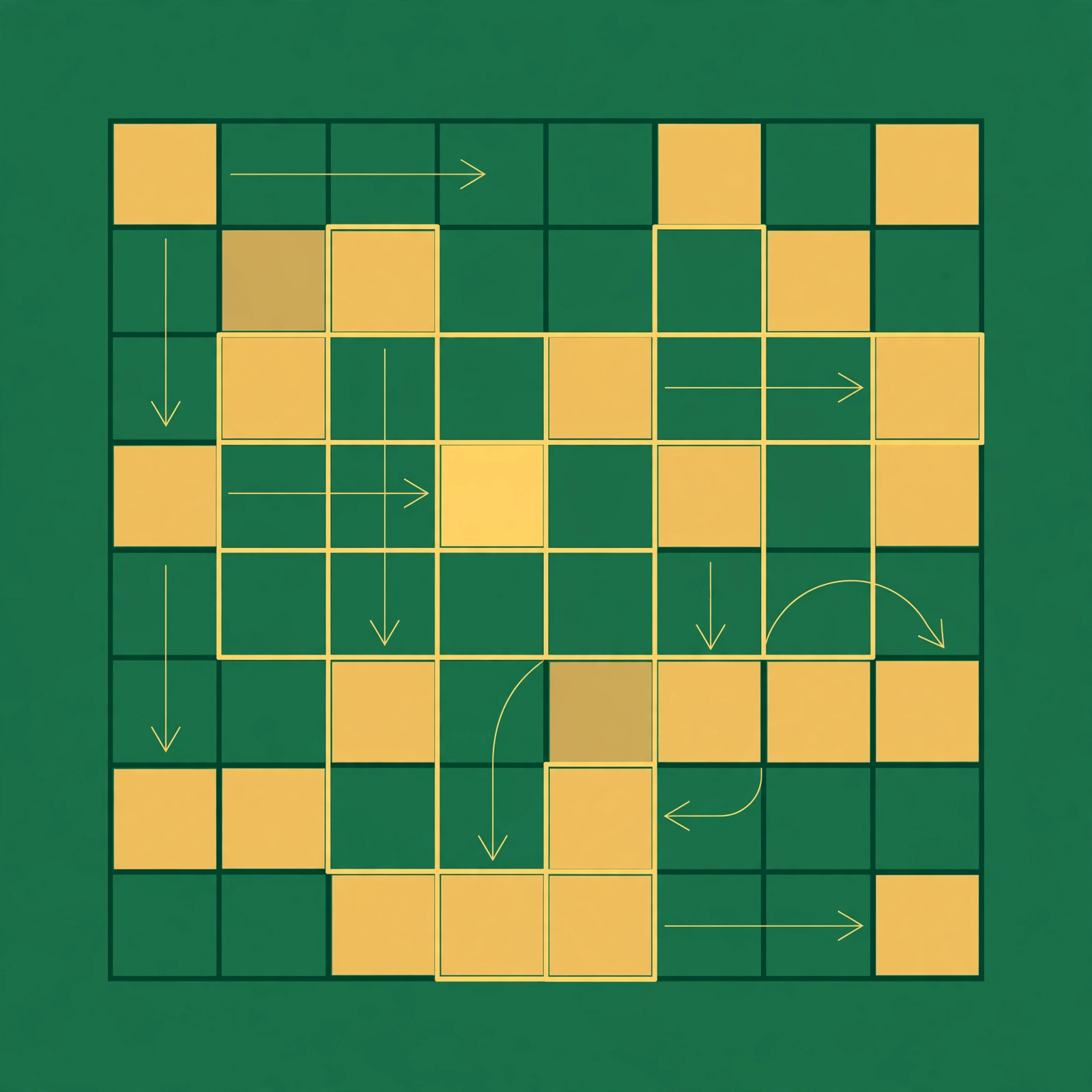 Flat illustration of a sudoku grid highlighting a solving tactic with arrows