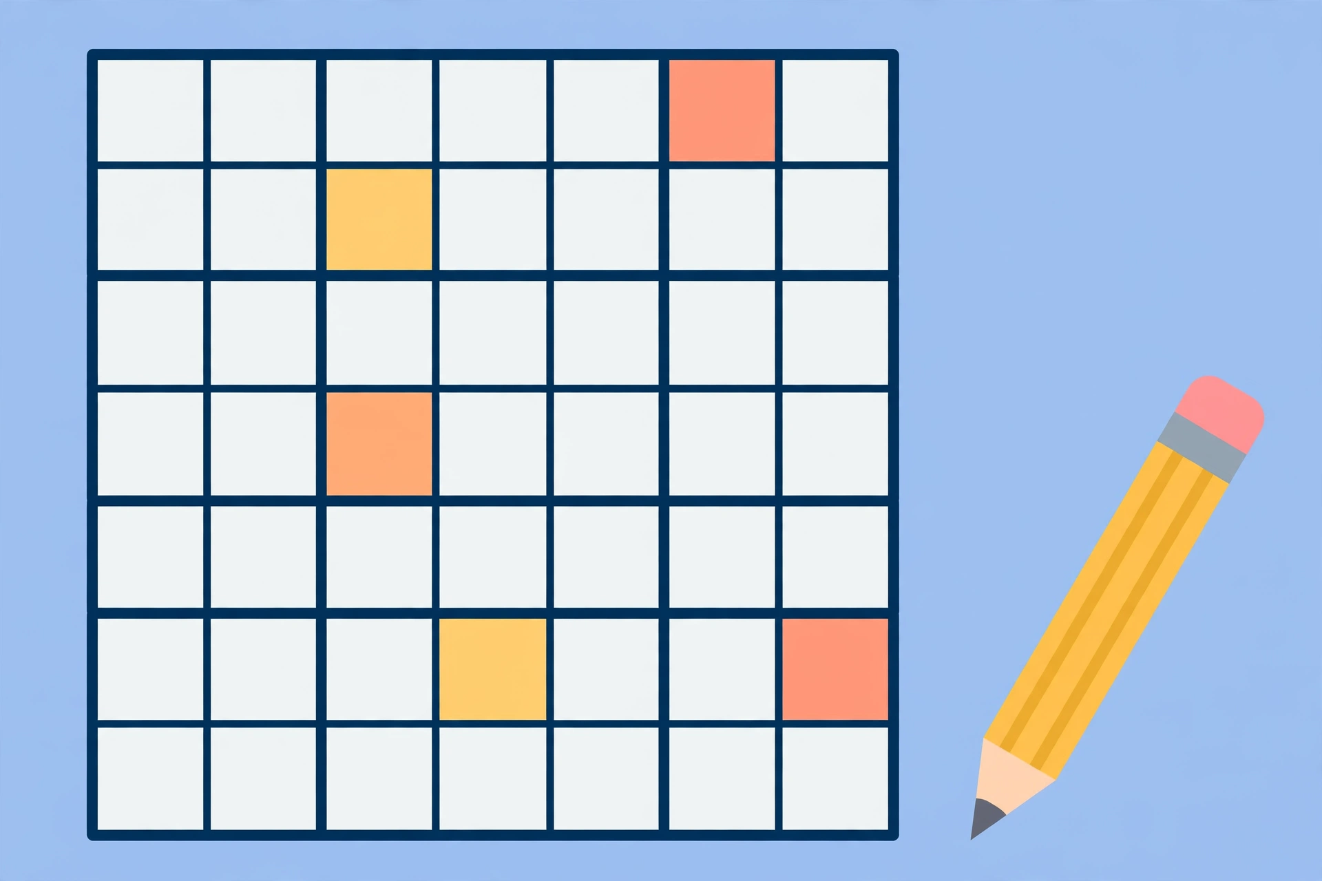 Flat illustration of a 9x9 sudoku grid with a few highlighted cells and a pencil, on a soft blue background