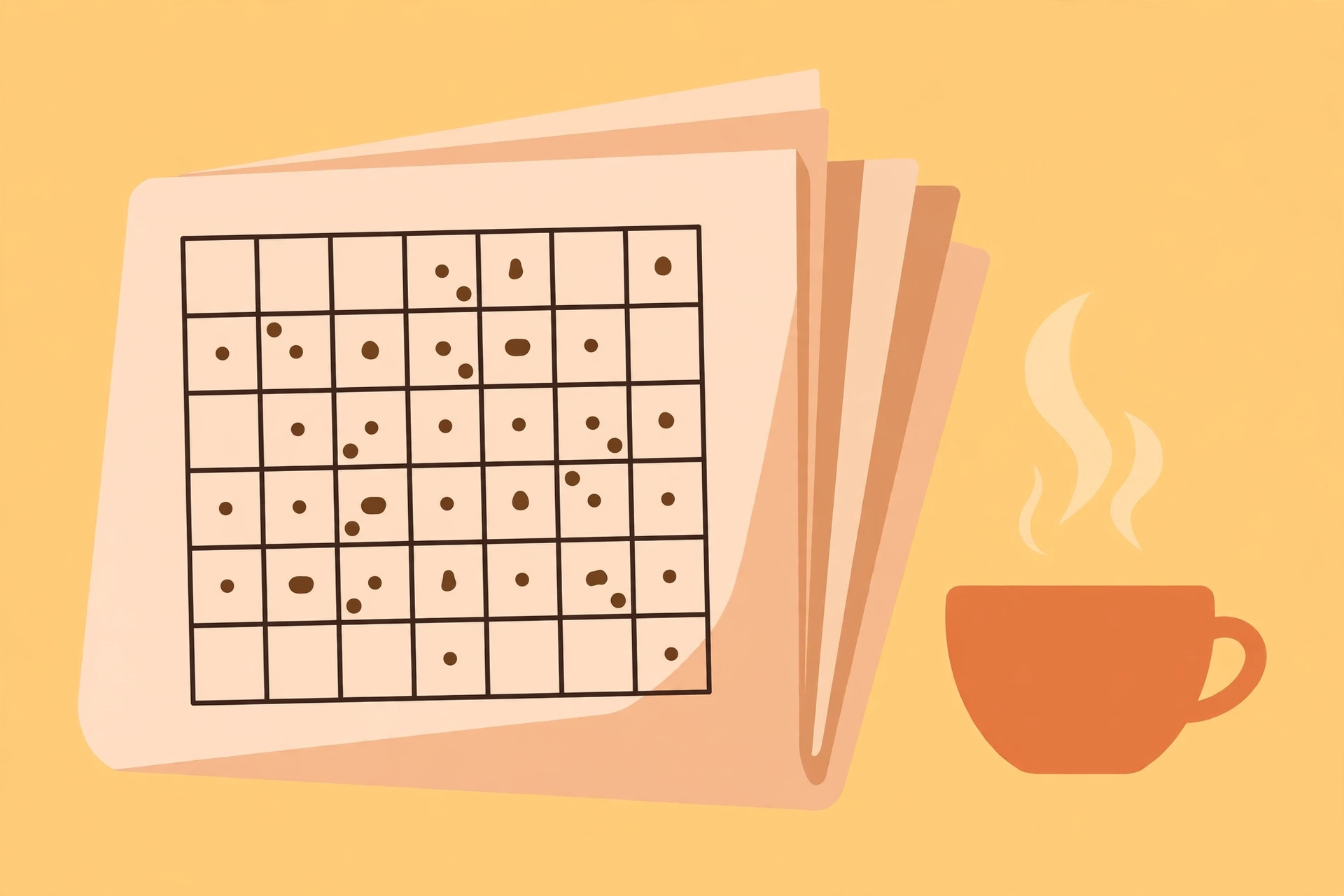 Flat illustration of a folded newspaper with a sudoku grid on its puzzles page beside a coffee cup