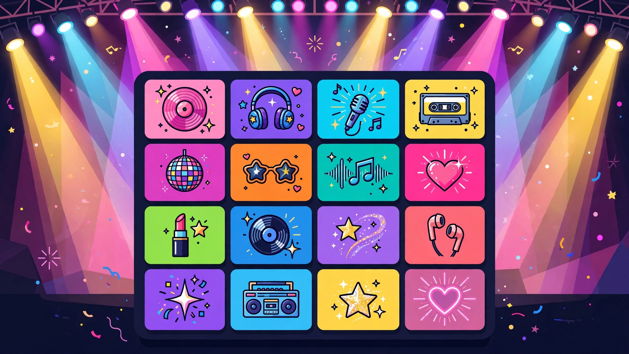 Flat-design illustration of 2048 puzzle tiles with album-cover-style artwork on a concert stage background