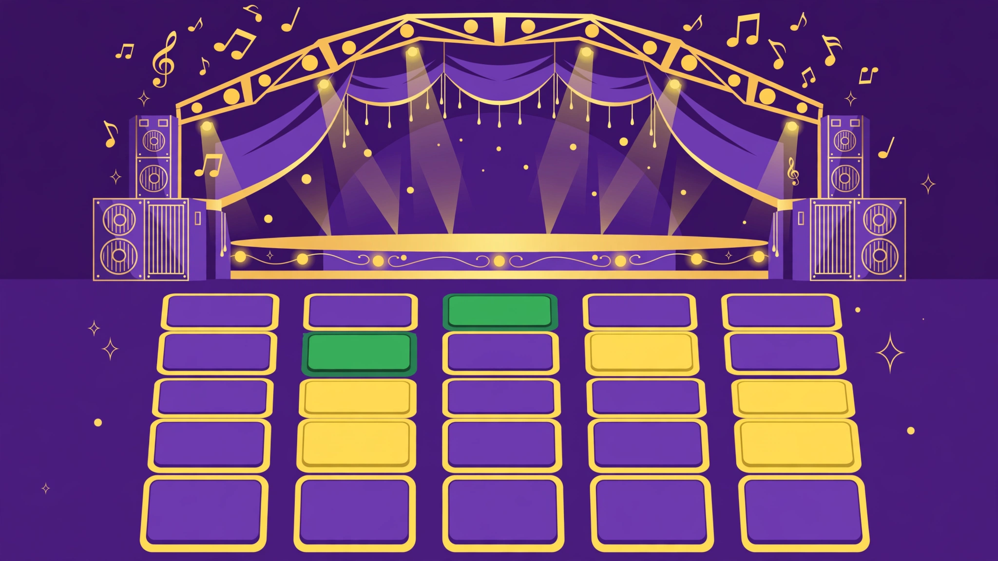 Flat-design illustration of Wordle letter tiles in green and yellow with a pop-star concert theme
