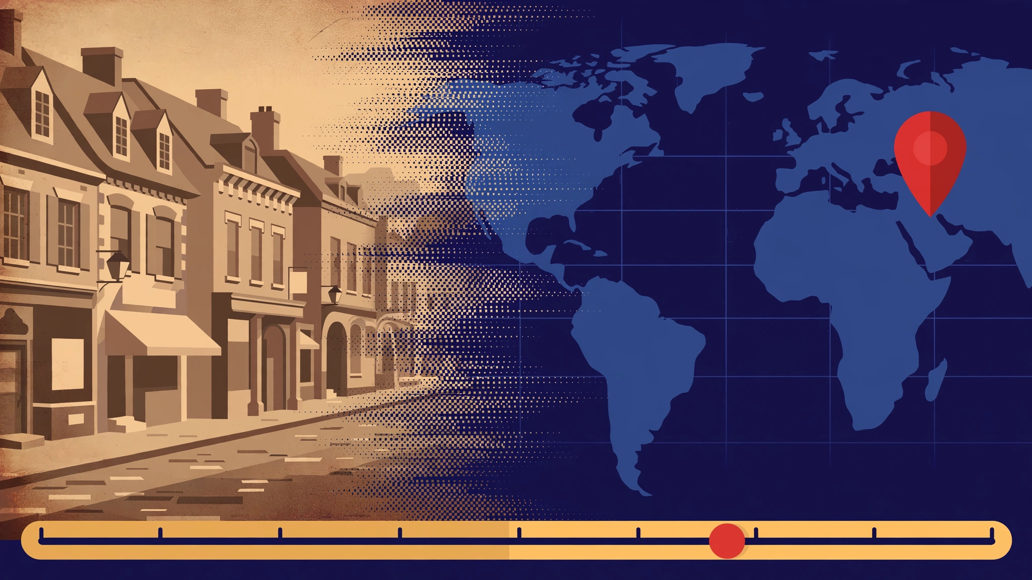 TimeGuessr game concept illustration showing a vintage historical photograph with a world map pin and year slider
