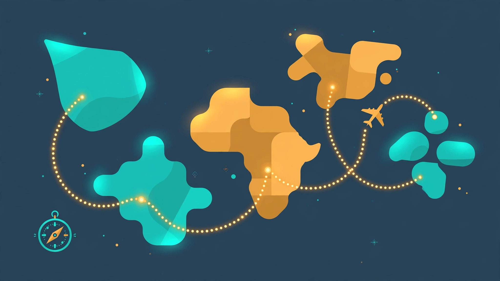 Travle game concept — a world map with a highlighted route of country guesses connecting a start country to an end country