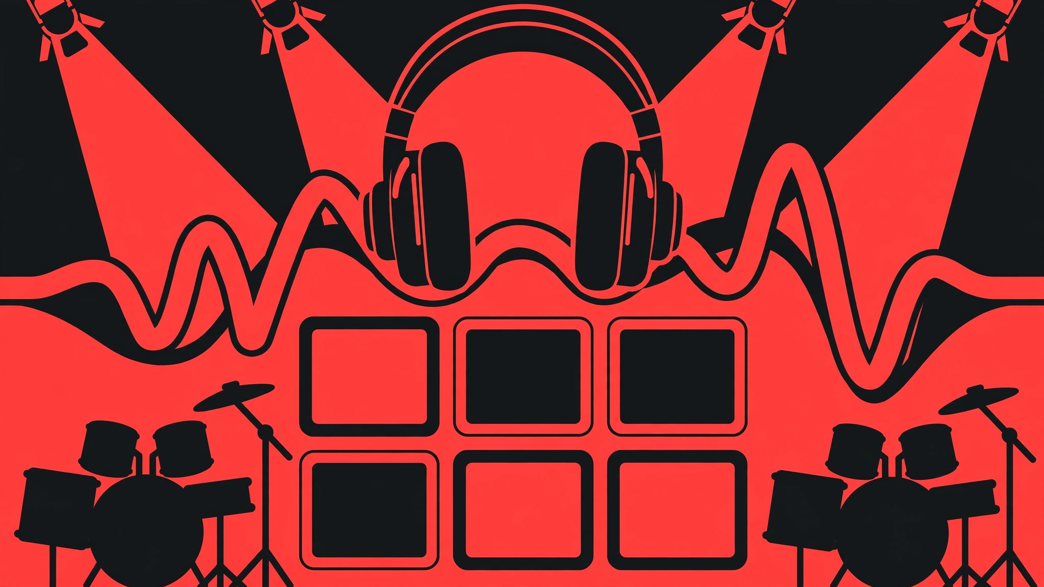 Colorful illustration of a song-guessing game with headphones, audio waveform and a score grid