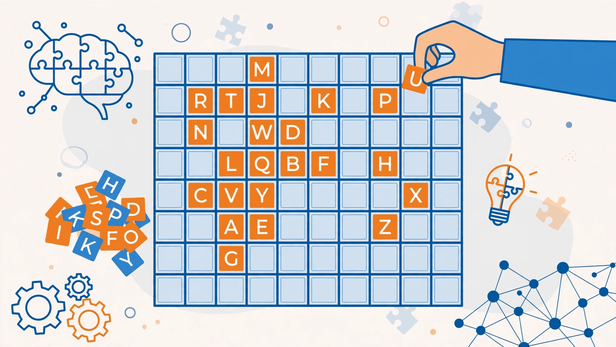 Unolingo crossword-without-clues puzzle — 10x10 grid with letter tiles being placed