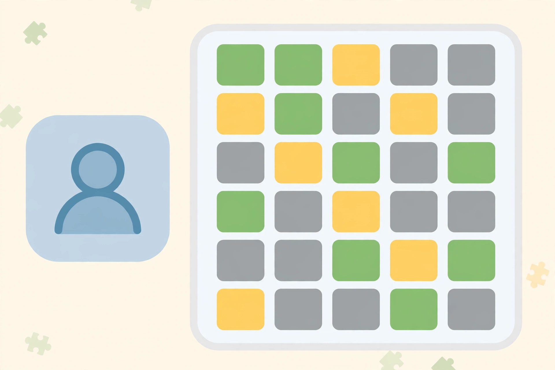 Colorful rows of green, yellow and grey letter tiles on a word-guessing game board beside a rounded user profile icon, flat design graphic with no text