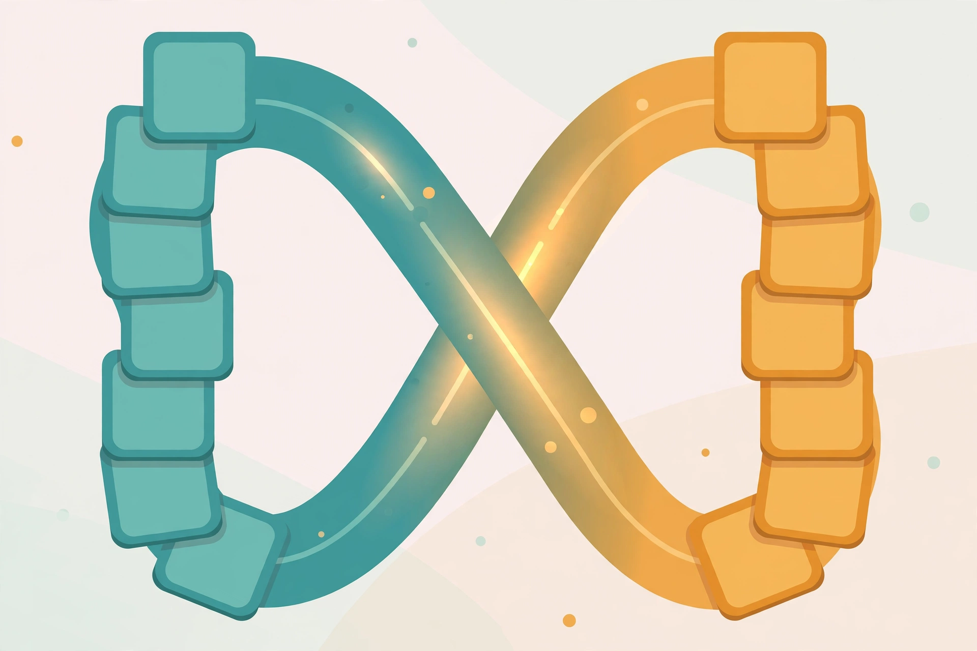 Flat illustration of an endless word ladder puzzle with letter tiles spiralling in an infinity loop, no text
