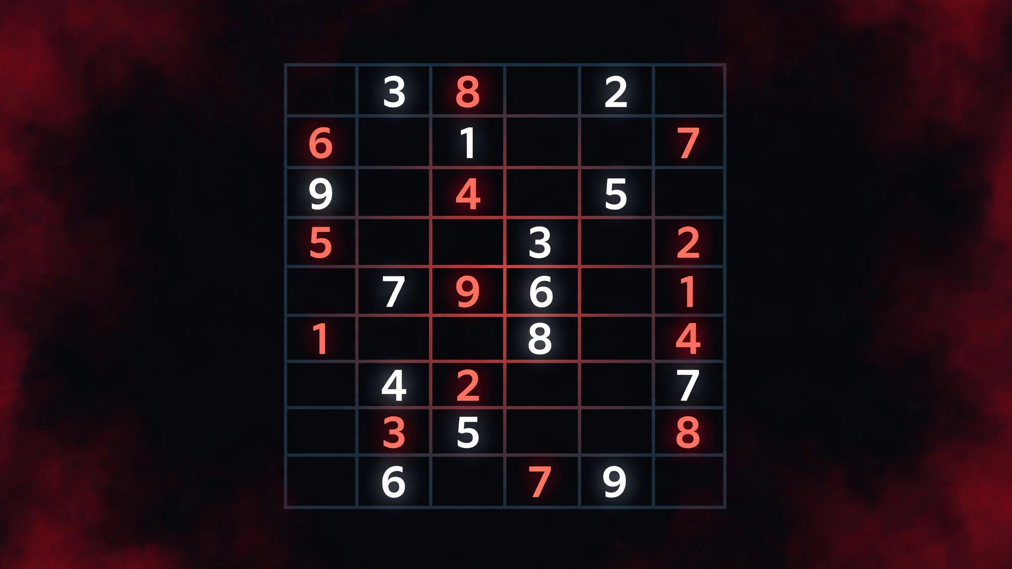 Stylized dark 9x9 sudoku grid with glowing numbers on a near-black background, suggesting expert-level difficulty