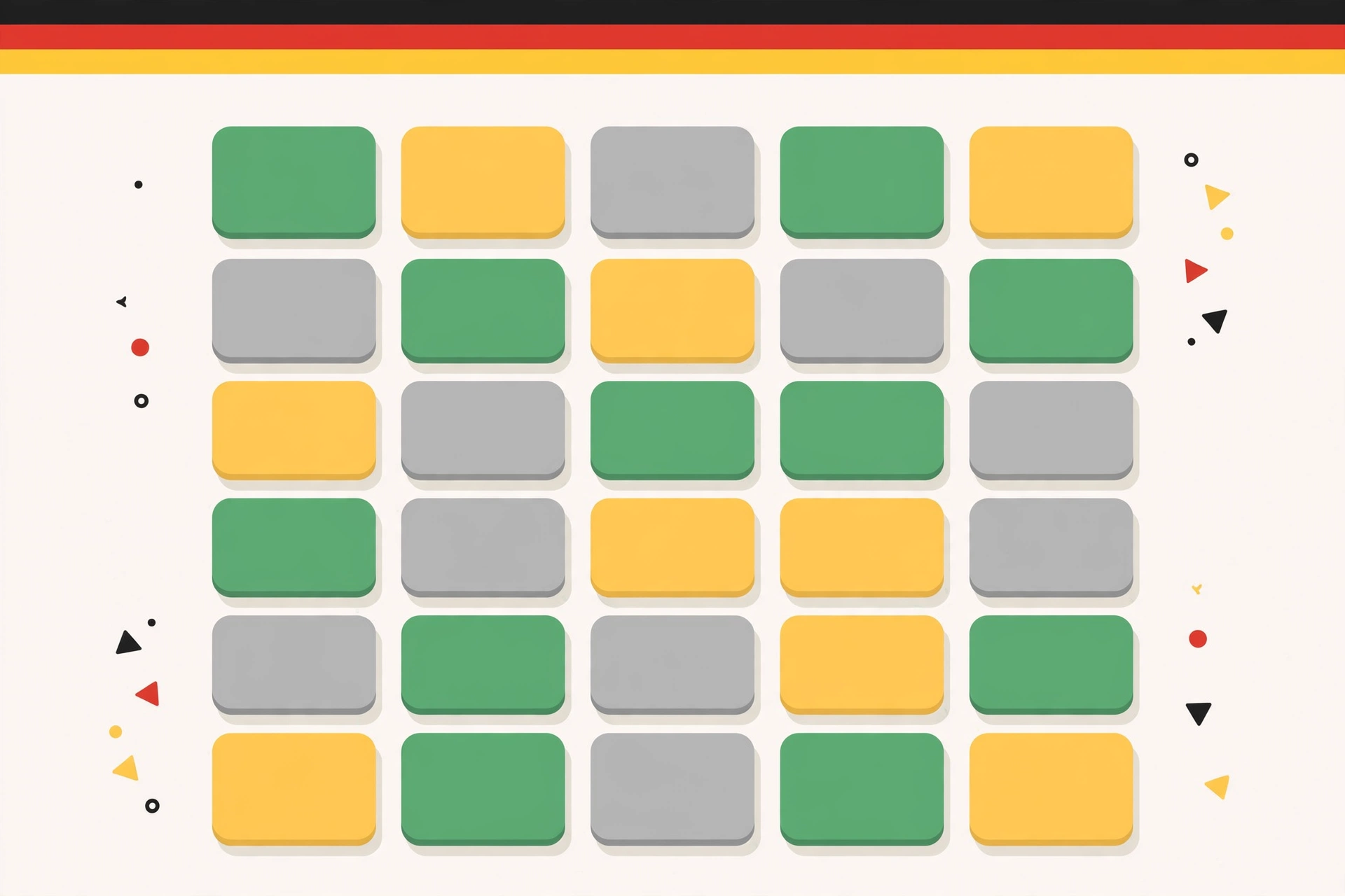 6mal5 German Wordle game grid illustration with green, yellow and grey letter tiles in German flag colours