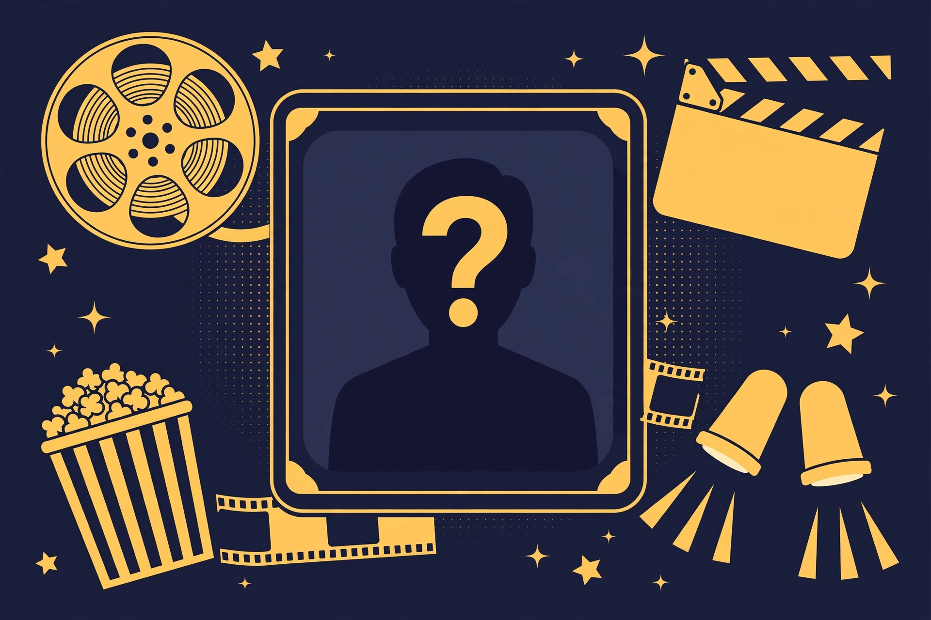 Flat-design illustration of a daily movie actor guessing game: a mystery portrait card with a question mark surrounded by cinema motifs including a film reel, clapperboard, popcorn, and spotlights