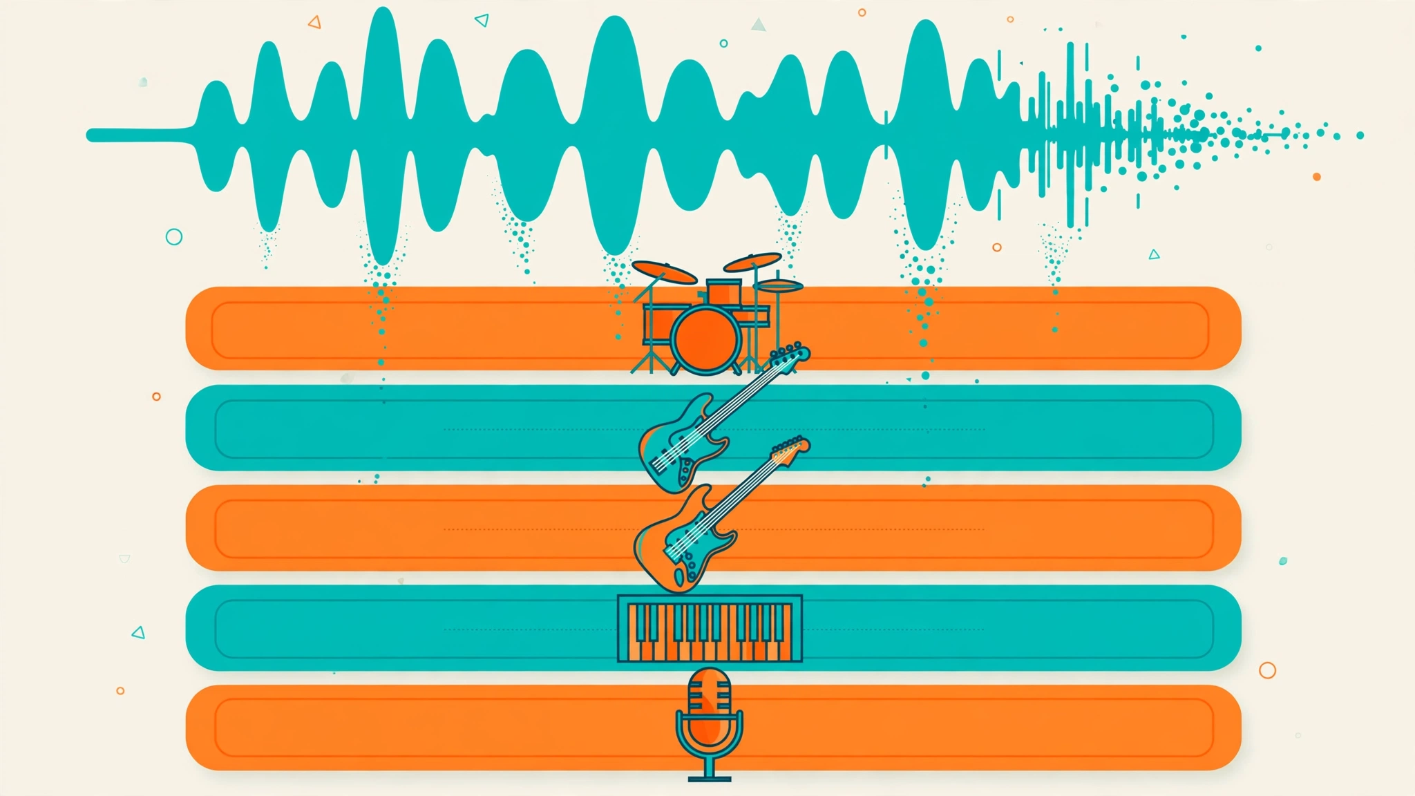 Flat illustration of a music guessing game showing audio waveforms and instrument icons around a song title grid