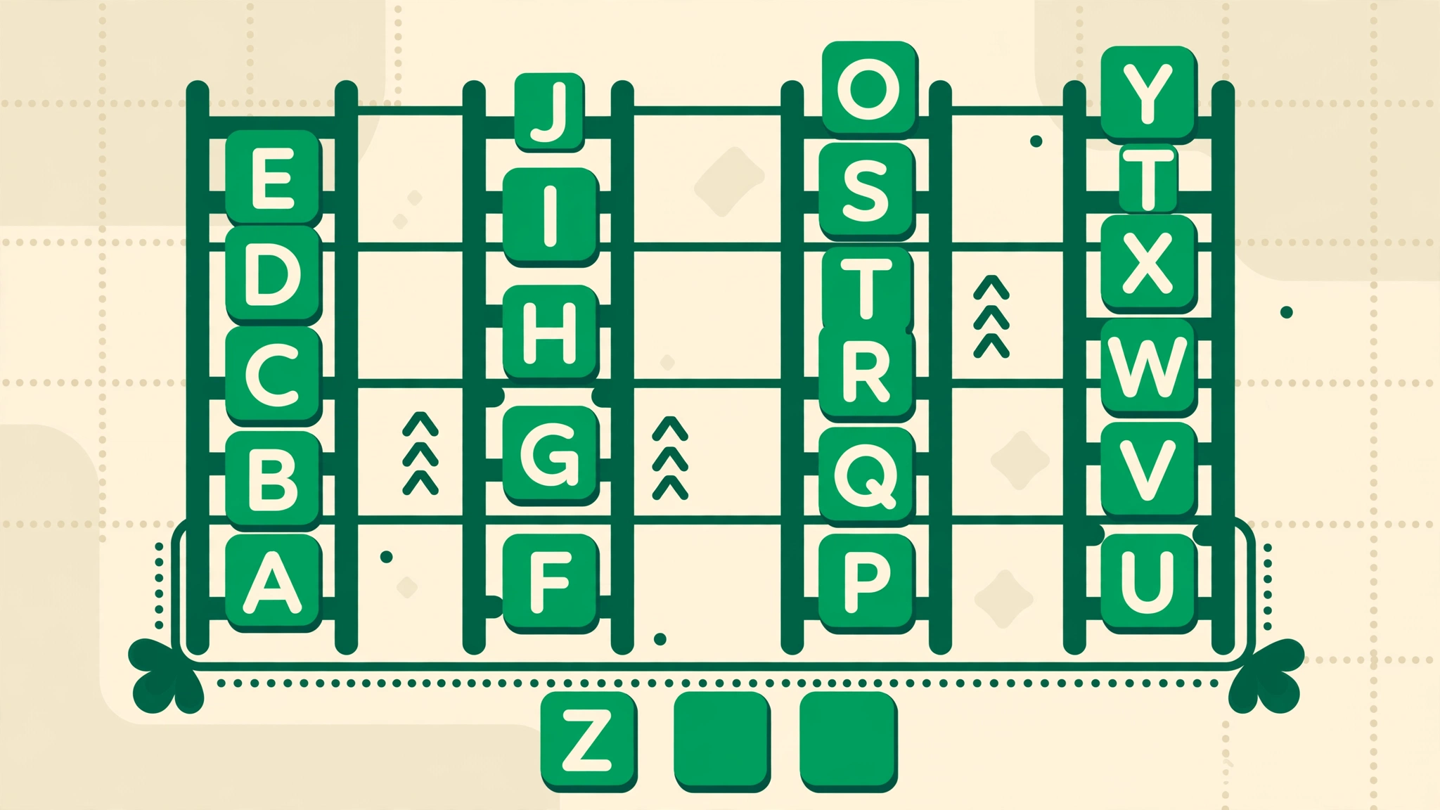 A flat-design illustration of the Betweenle word game concept with alphabetical word ladders on a game board