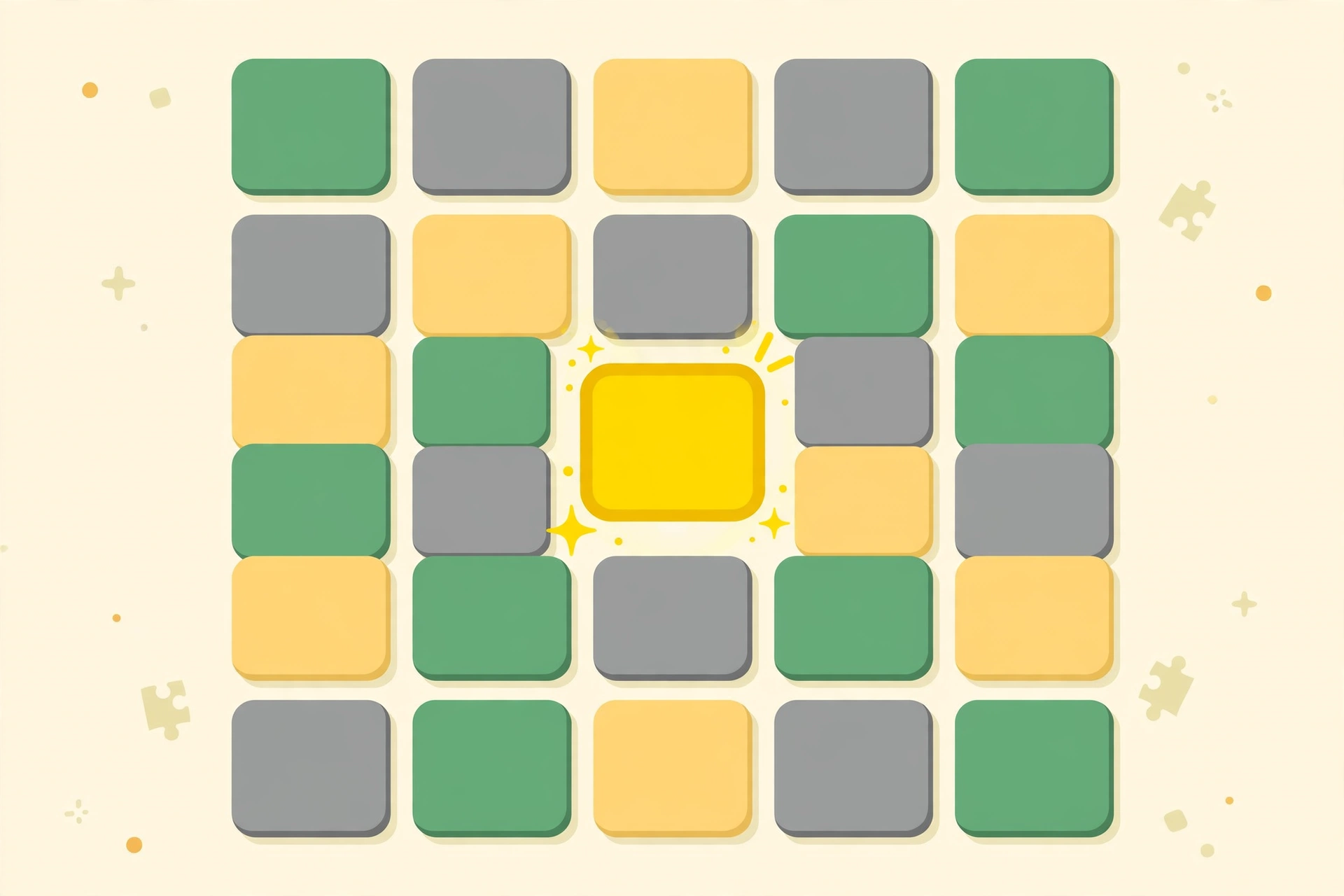 Flat illustration of a Wordle-style tile grid with a standout yellow wildcard tile, for the Bordle game