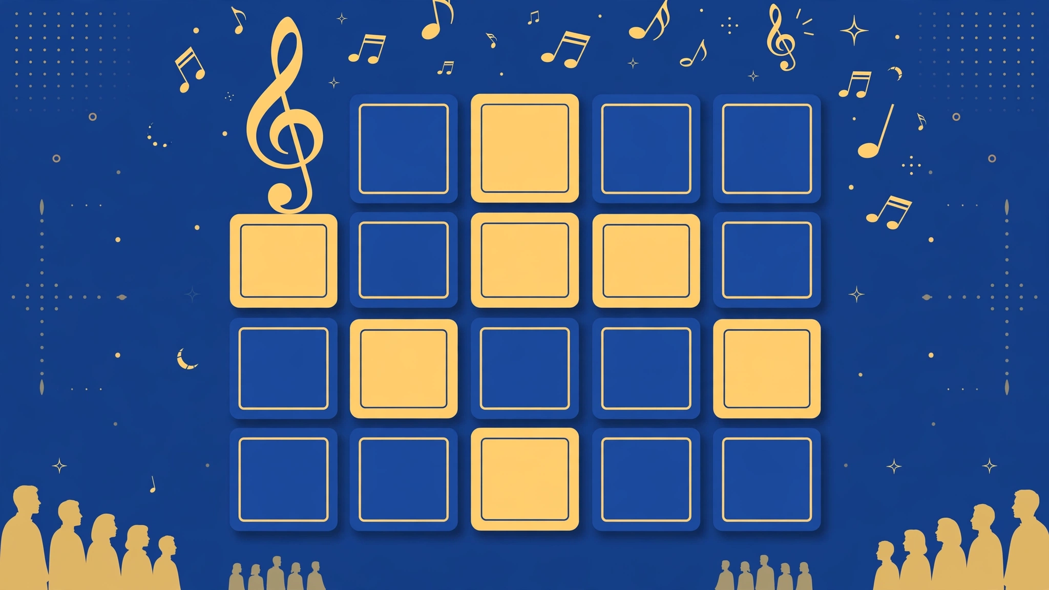 Flat-style illustration of a word game grid with musical notes and choir-themed tiles