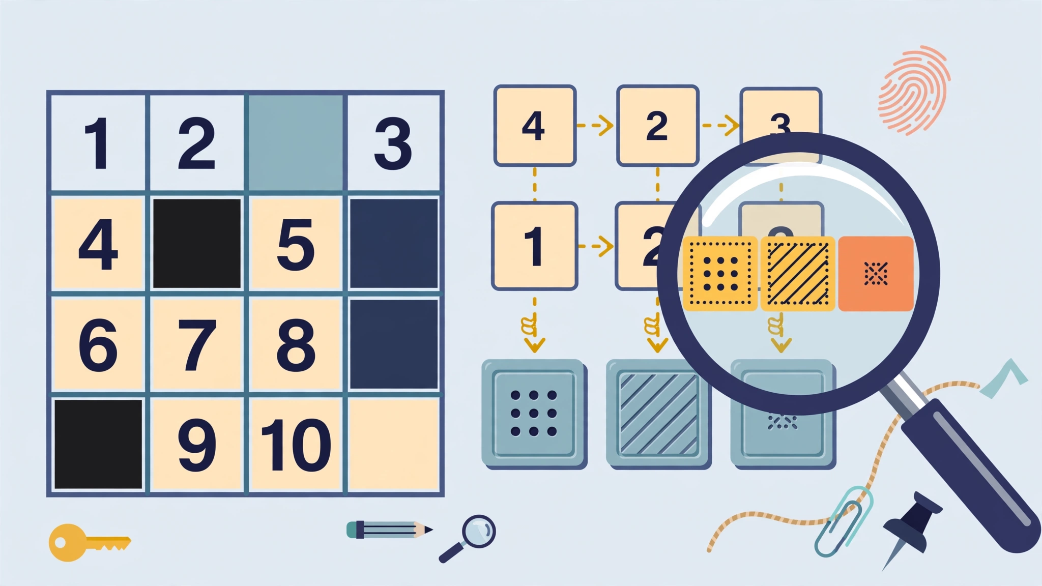 Flat illustration of a crossword-style codeword grid with numbered cells waiting to be decoded